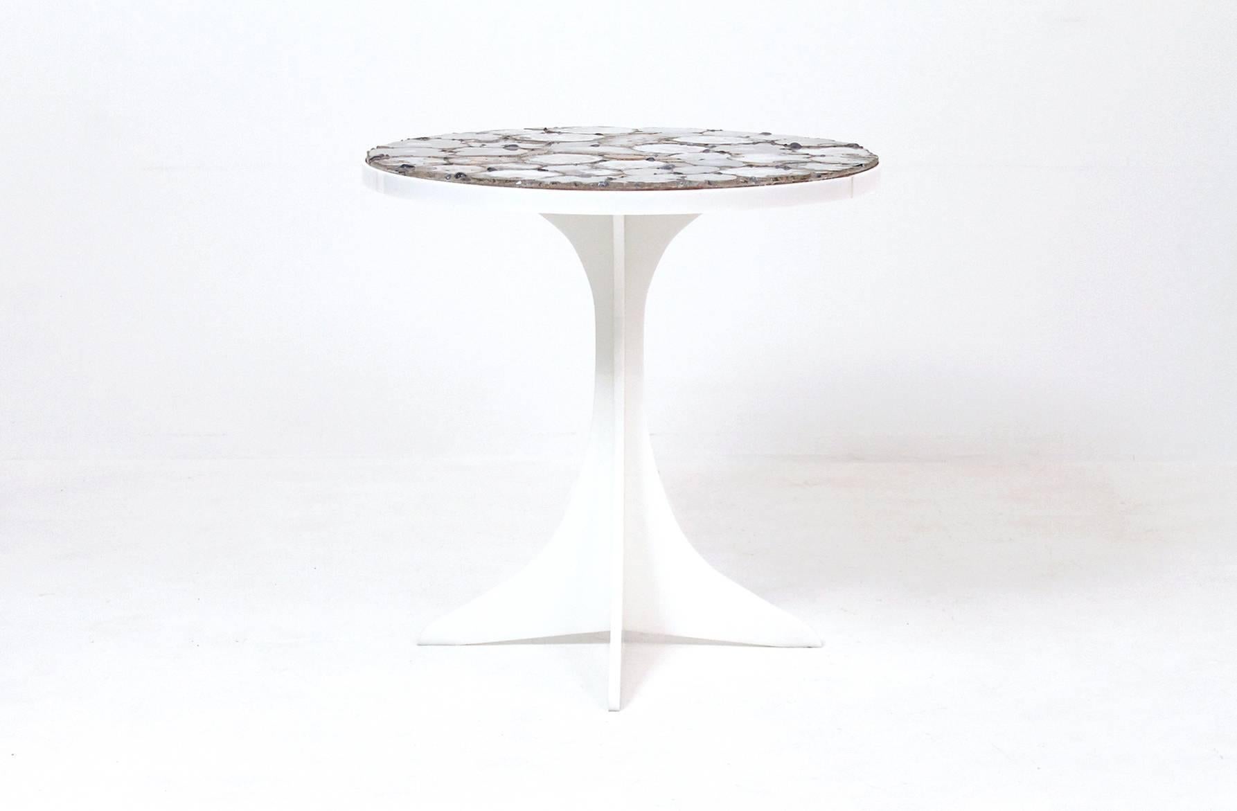 Miriam Rogers stone mosaic occasional table. Impressively graphic grey and orange mineral, stone, and geode top.  Cruciform style white acrylic base.  Miriam Rogers was a listed artist working on Cape Cod in the mosaic medium.