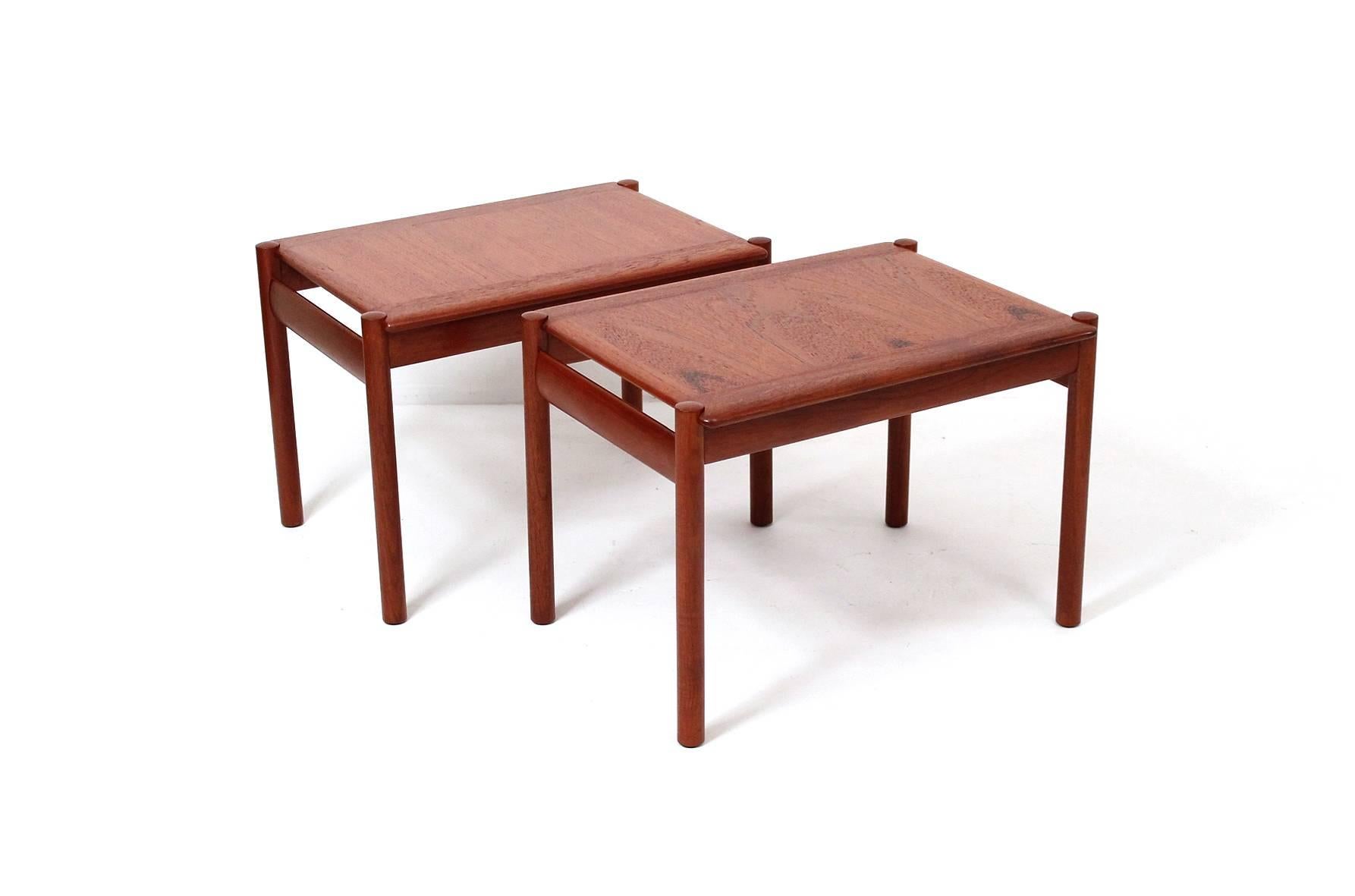 Pair of teak tables designed by Sven Ivar Dysthe for Norwegian firm Dokka. A nicely proportioned set of Scandinavian side tables with interesting details.
 