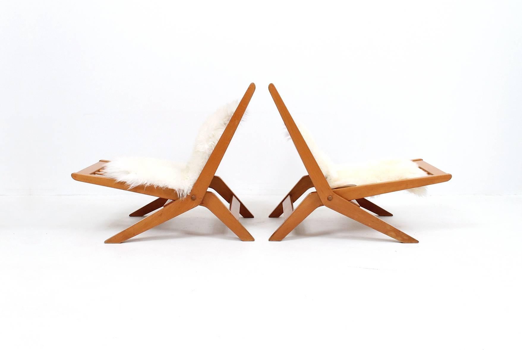 Danish Pair of Hvidt + Molgaard-Nielsen Folding Chairs with Sheepskin