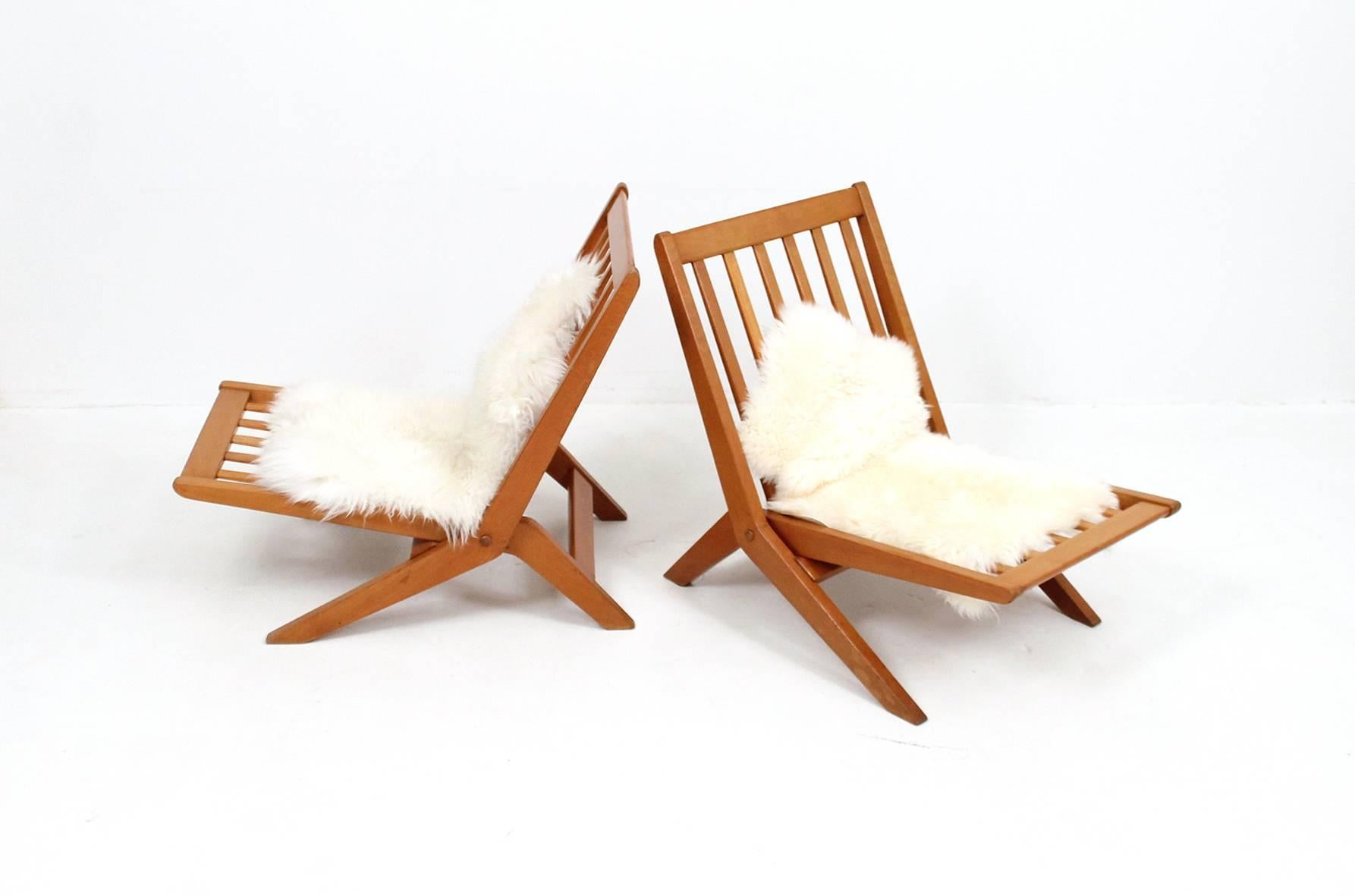 Scandinavian Modern Pair of Hvidt + Molgaard-Nielsen Folding Chairs with Sheepskin