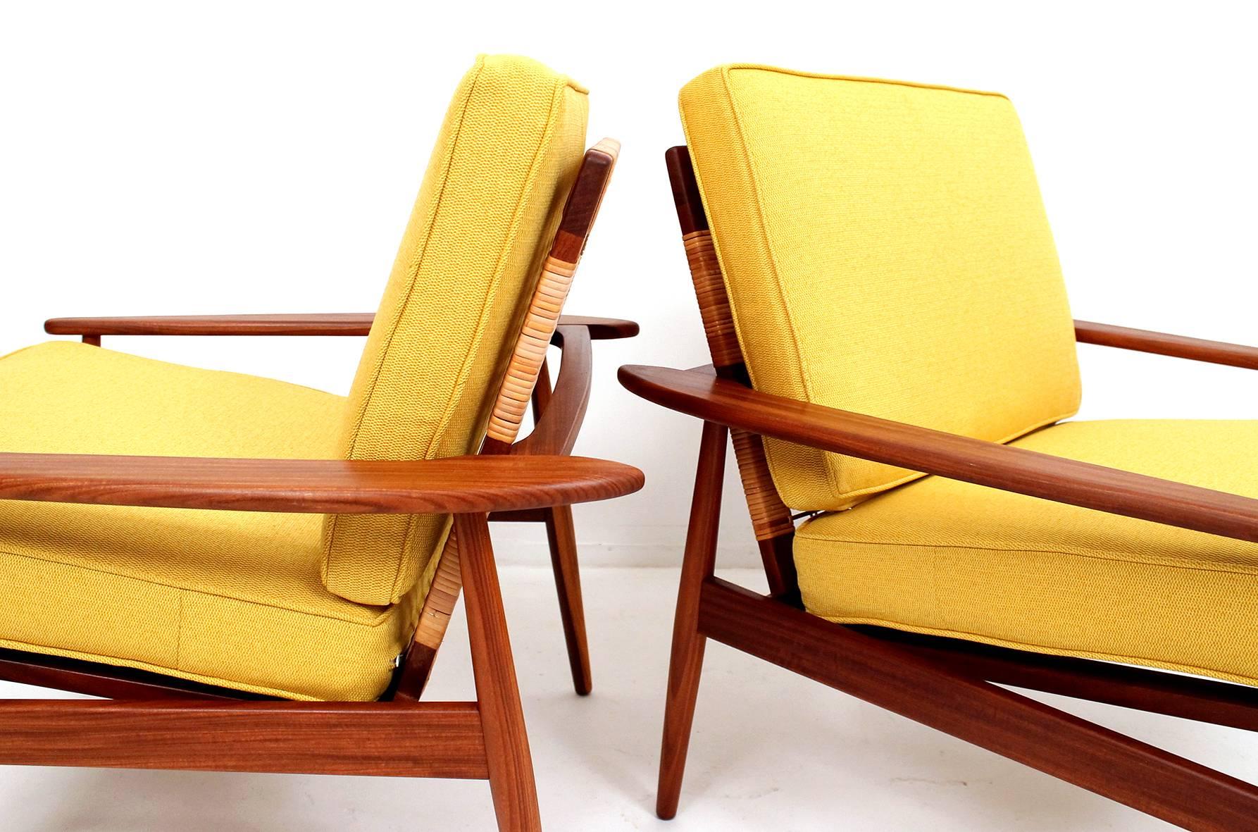 Hans Olsen Teak and Cane Lounge Chairs In Excellent Condition In Waltham, MA