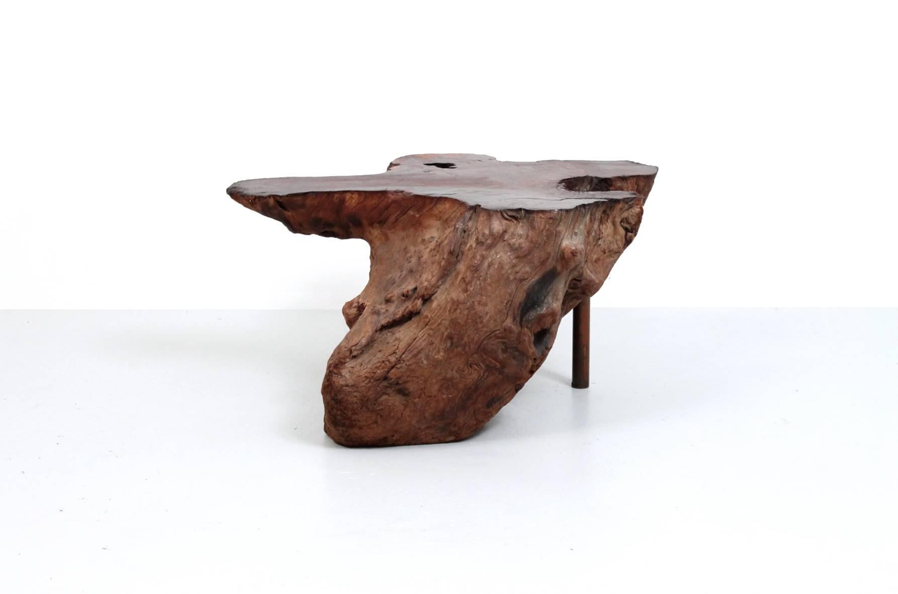 Walnut burl stump side table with copper leg. Graphic and sculptural. Very reminiscent of the work of Carl Auböck.
                    