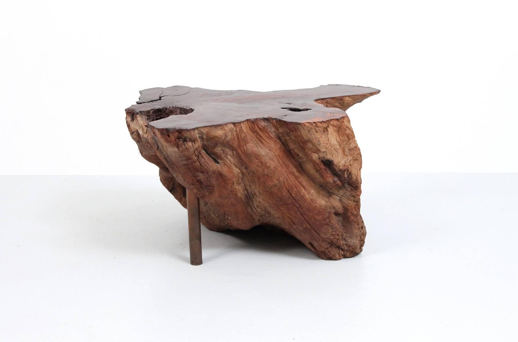 Mid-Century Modern Burl Wood and Copper Stump Table