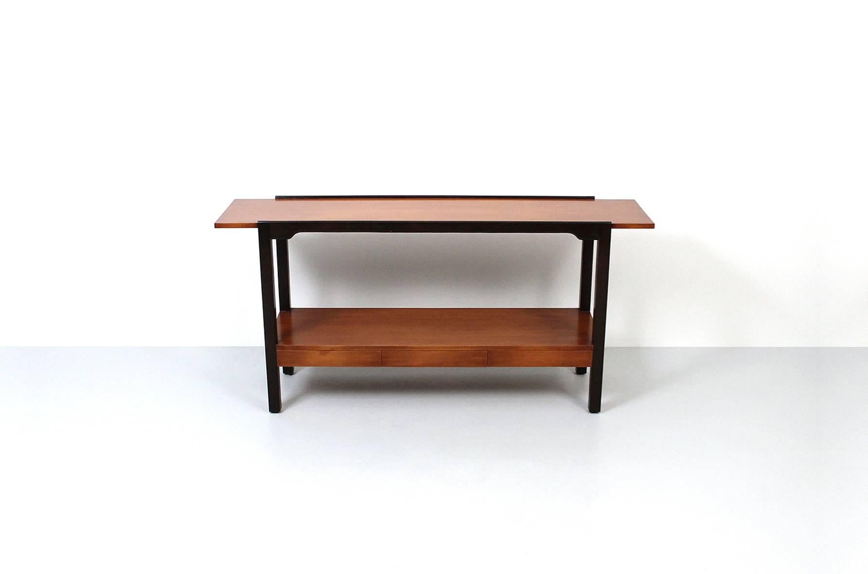Architectural console table with three drawers. Useful design and proportion. Attributed to Edward Wormley for Dunbar.