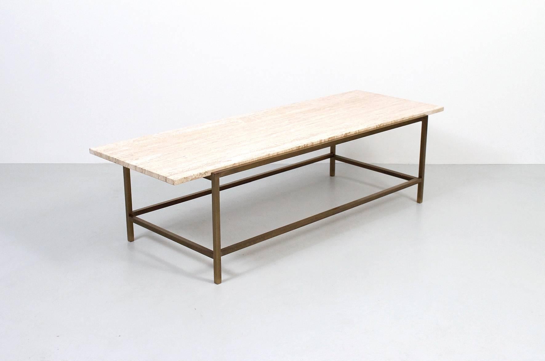 Mid-Century Modern Brass and Travertine Table by Harvey Probber