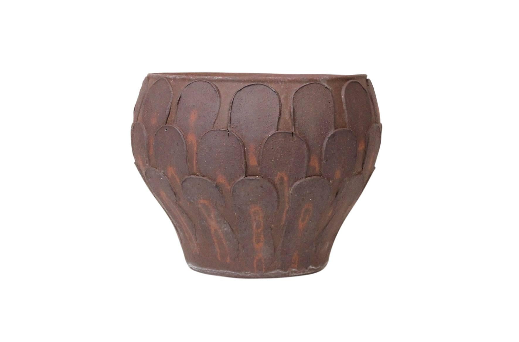 Iconic David Cressey planter for Architectural Pottery's Pro/Artisan series. Raw unglazed and carved surface.