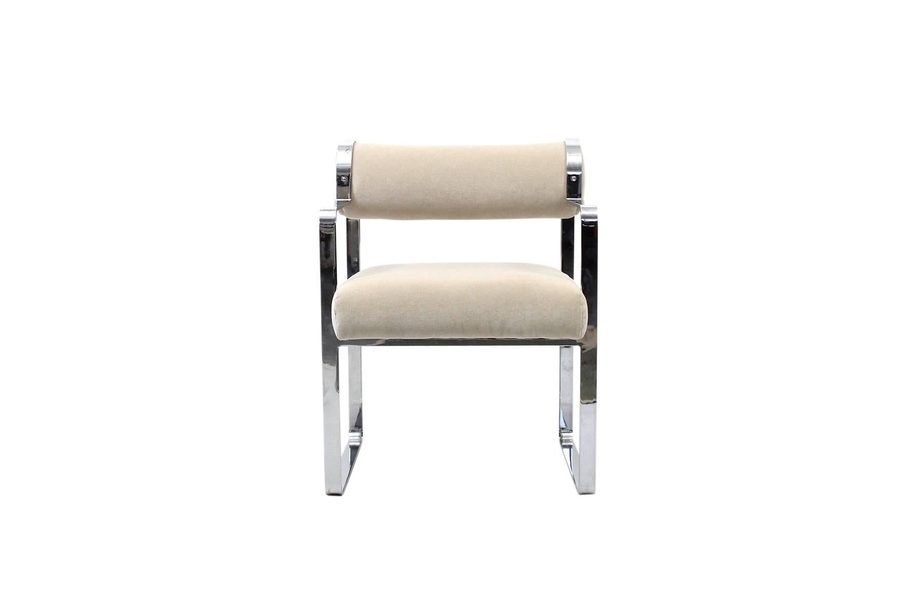 Attractive pair of upholstered steel armchairs by Pace collection. Refined Minimalist design. Newly upholstered in beige velvet.

 