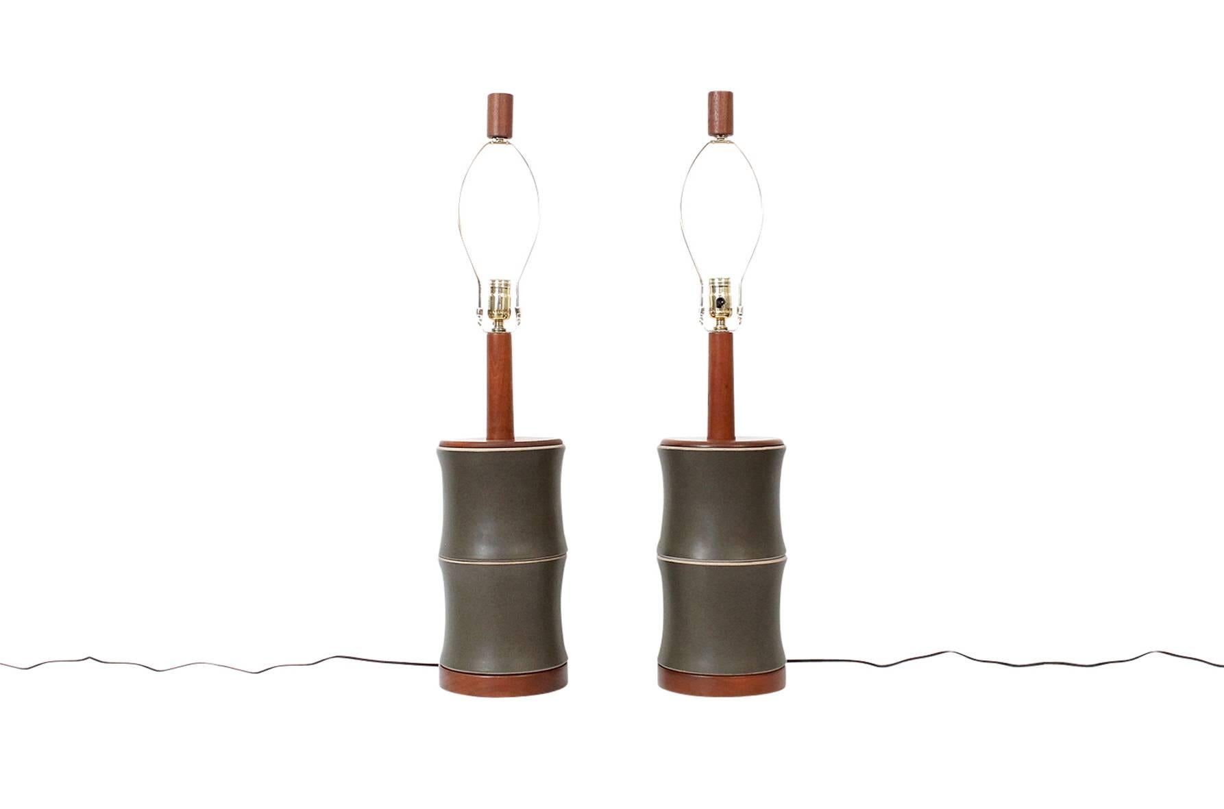 Mid-Century Modern Pair of Martz “Bamboo” Pottery Table Lamps