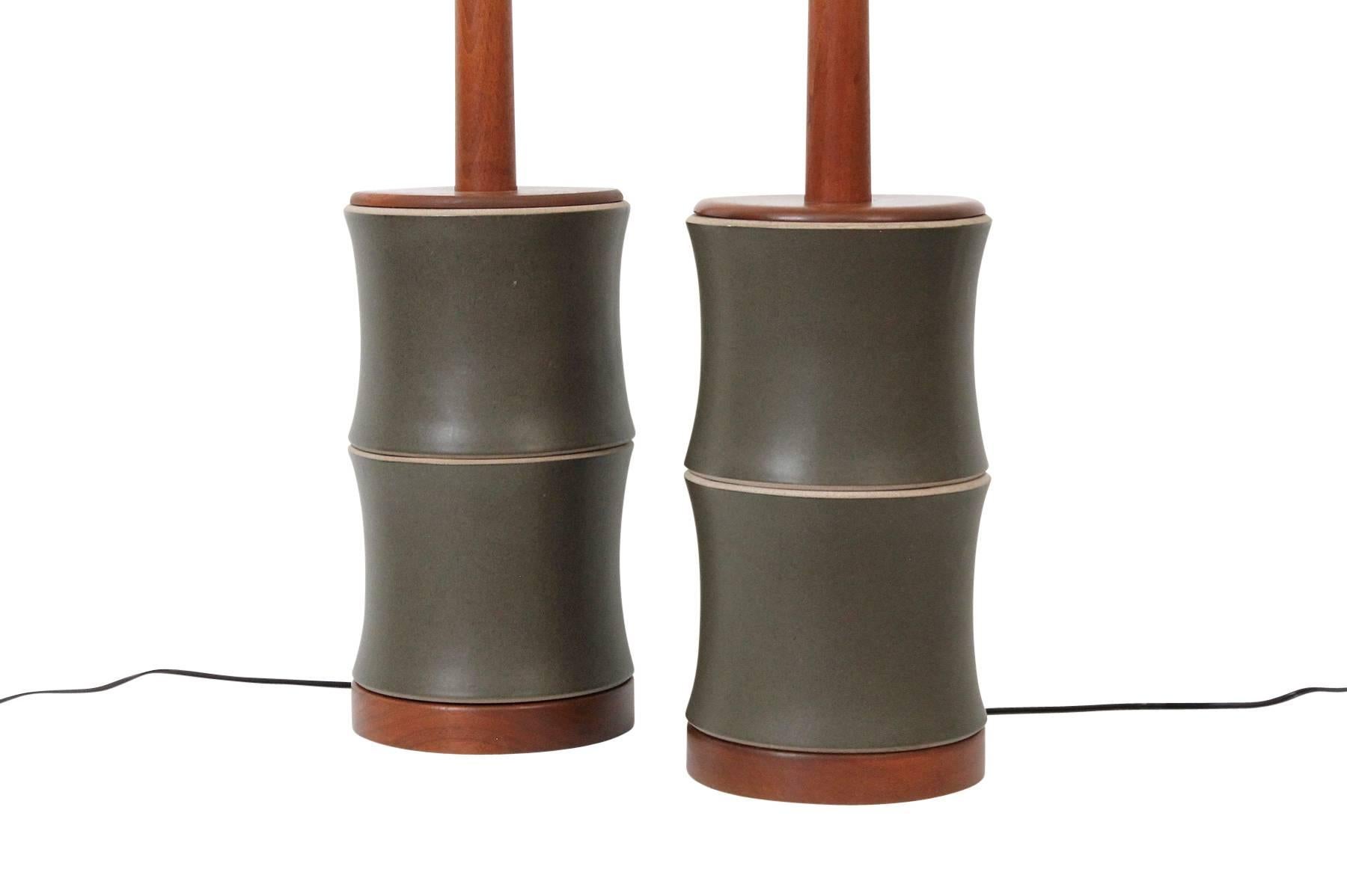 Pair of Martz “Bamboo” Pottery Table Lamps In Excellent Condition In Waltham, MA