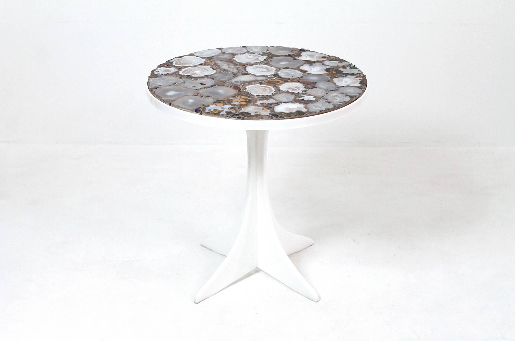 Miriam Rogers stone mosaic occasional table. Impressively graphic grey and orange mineral, stone, and geode top. Cruciform style white acrylic base. Miriam Rogers was a listed artist working on Cape Cod in the mosaic medium.