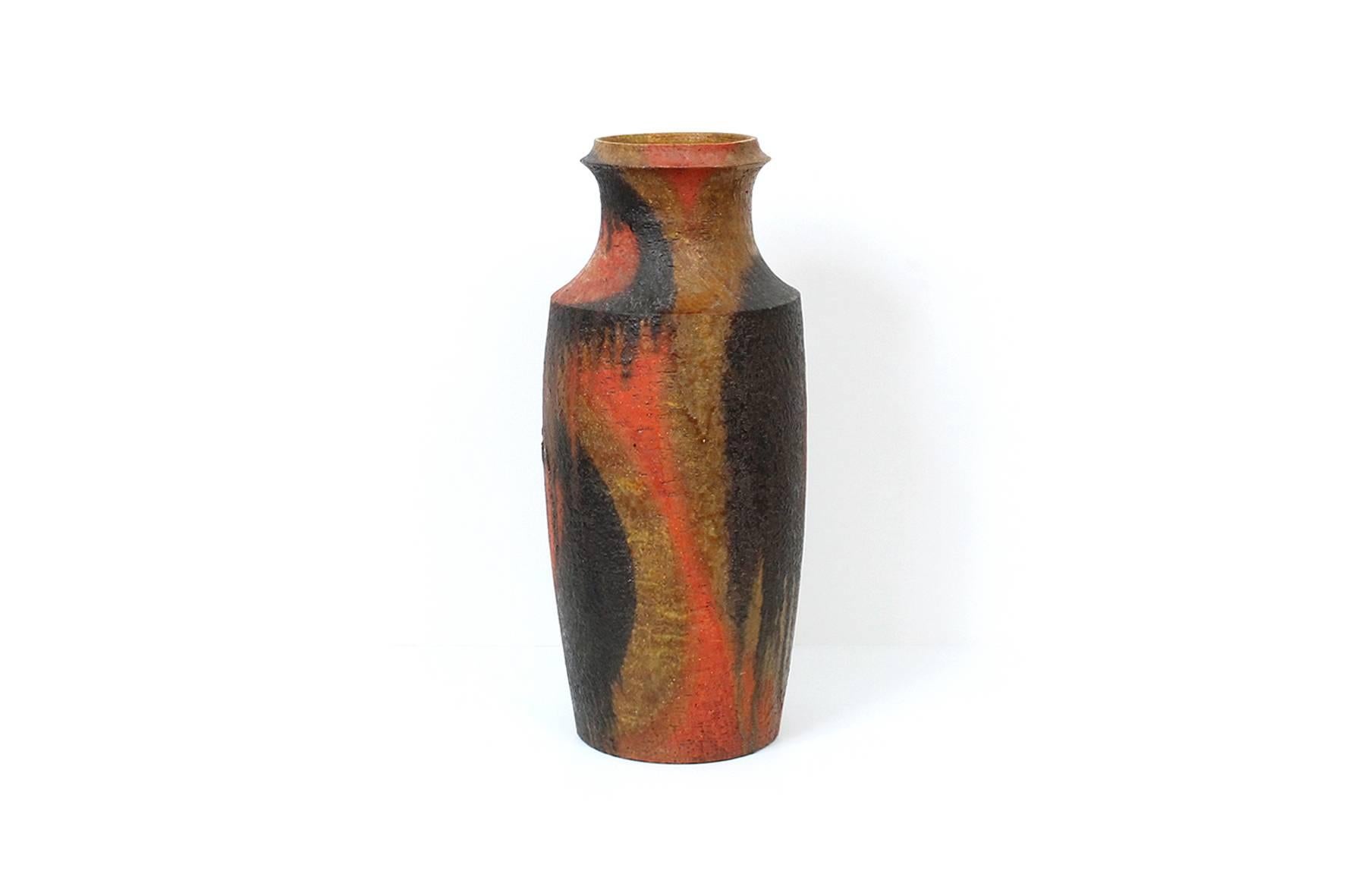 Signed Marcello Fantoni pottery floor vase or umbrella stand. Monumental in scale and expressive in its distinct glazing throughout. Unique studio piece.
 