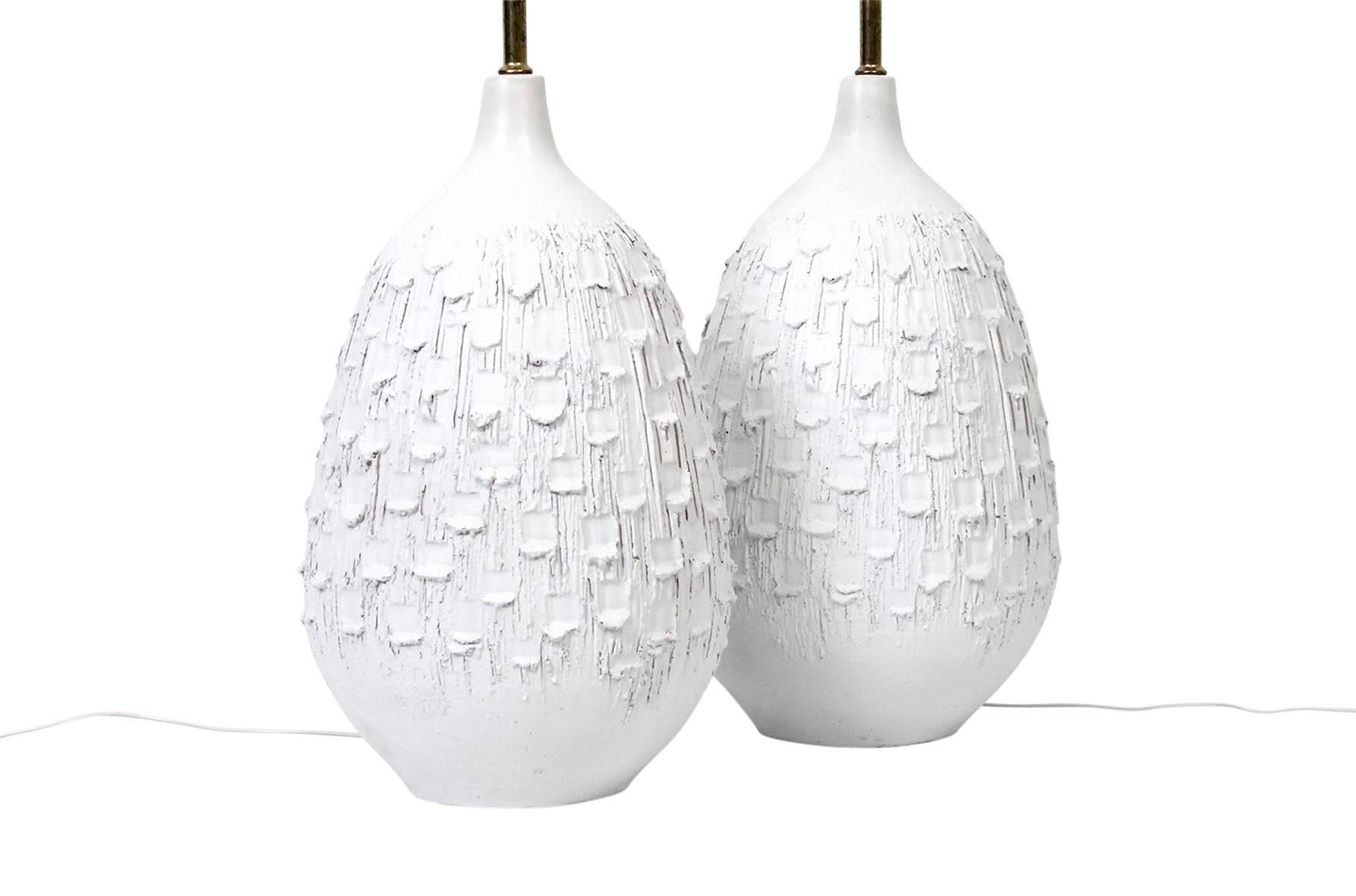 American Pair of Incised White Ceramic Lamps