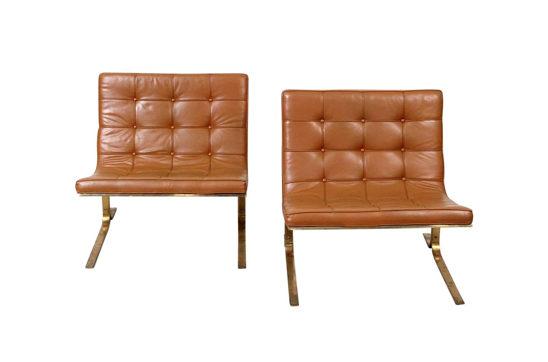Tufted brown leather CH28 lounge chair with cantilevered bronze finish bases designed by Nicos Zographos. Designed by Zographos while working at Skidmore, Owens and Merrill, circa 1960. Very minimal and chic design.

We can have the frames
