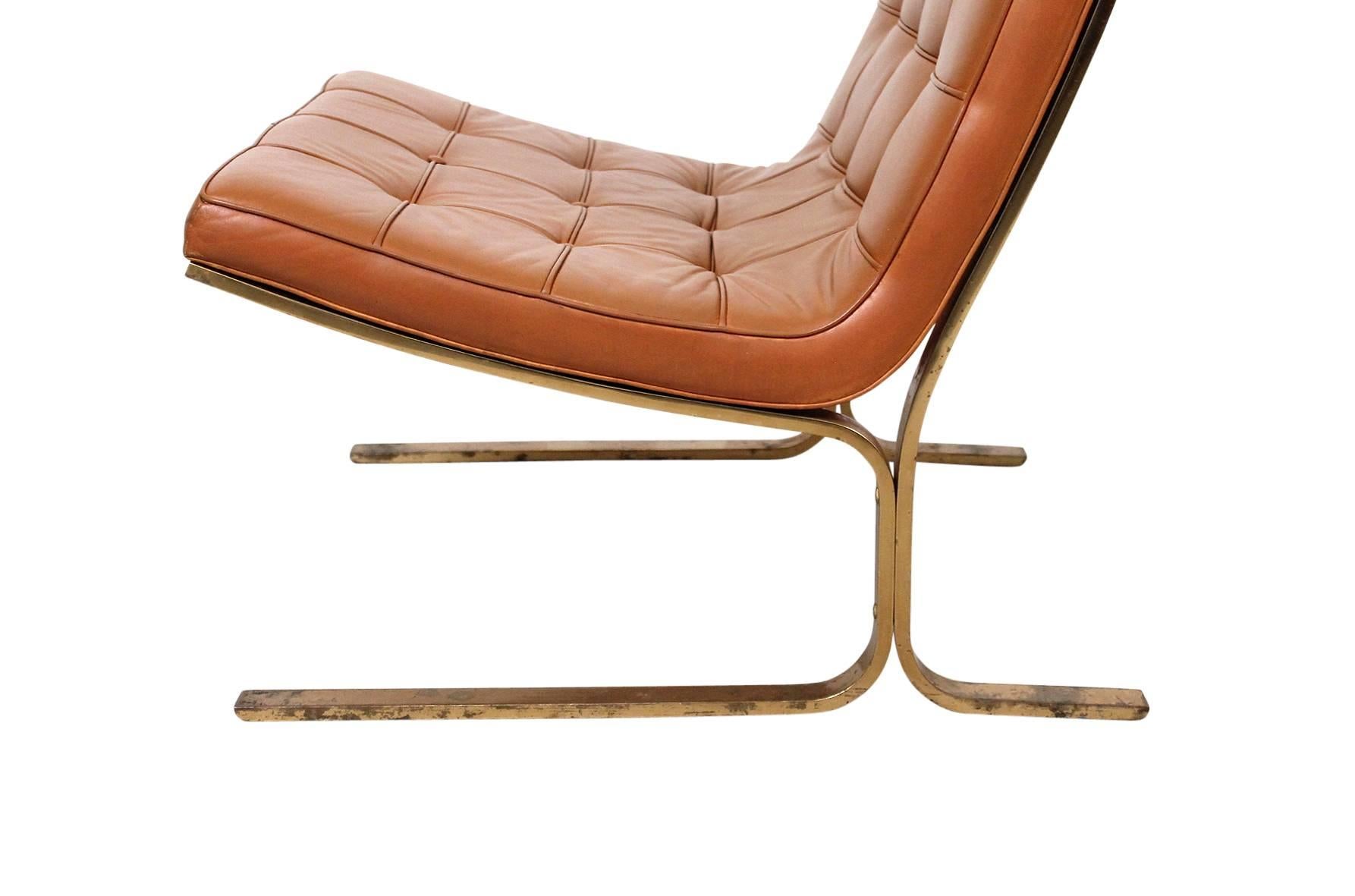 Brass Pair of Leather Lounge Chairs by Nicos Zographos