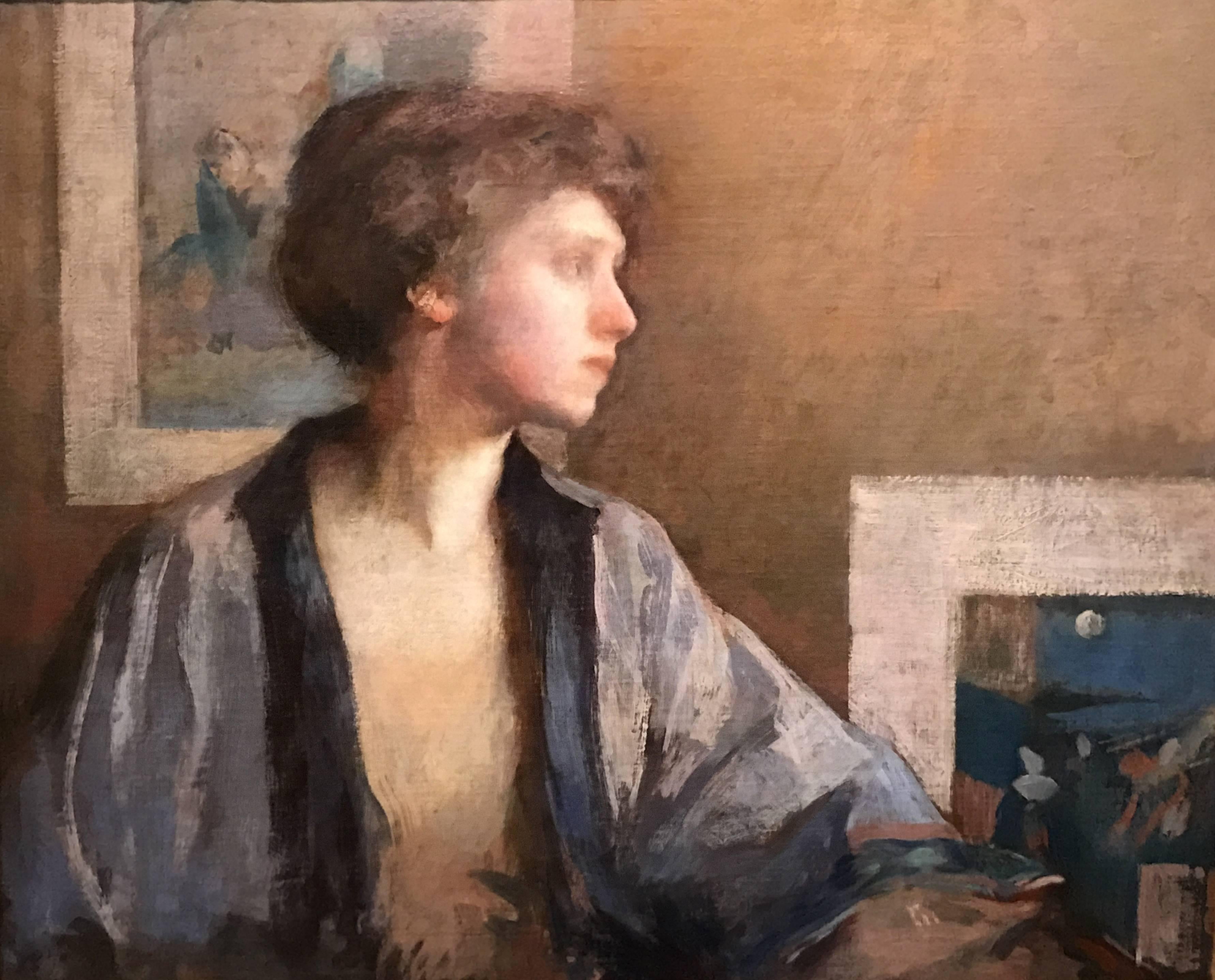 This fine Boston School portrait of California artist Patrice Borgeson (b. 1888) was painted by American artist Frederick Andrew Bosley (1881-1942). Bosley was born in Lebanon, New Hampshire. He was a painter of portraits, figures and still lifes.
