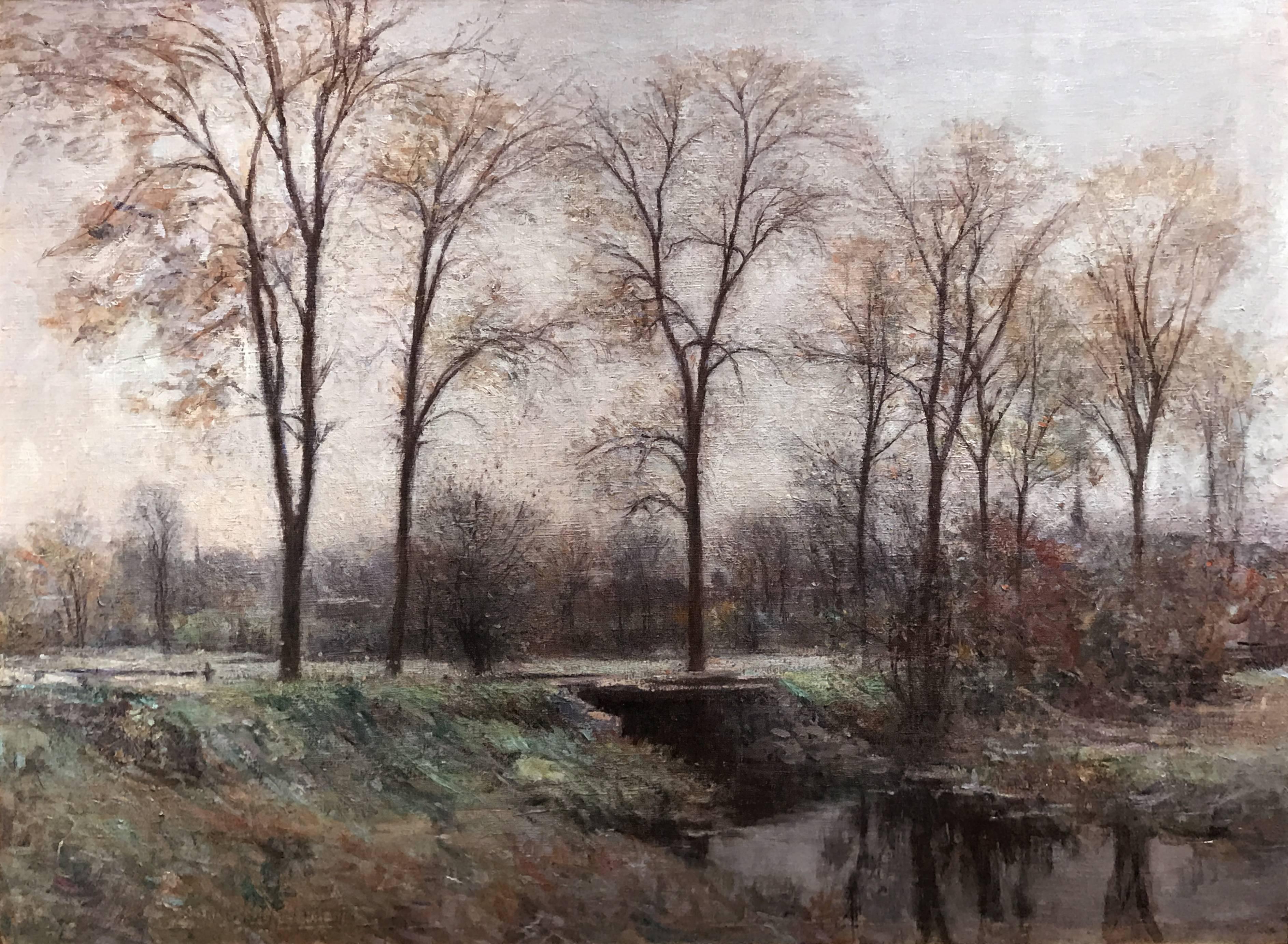 This fine landscape painting, probably The Fens, Boston, MA, was painted by American artist Edward Wilbur Dean Hamilton (1864-1943). Hamilton was born in Pennsylvania and studied painting in Boston where he became an important member of the Boston