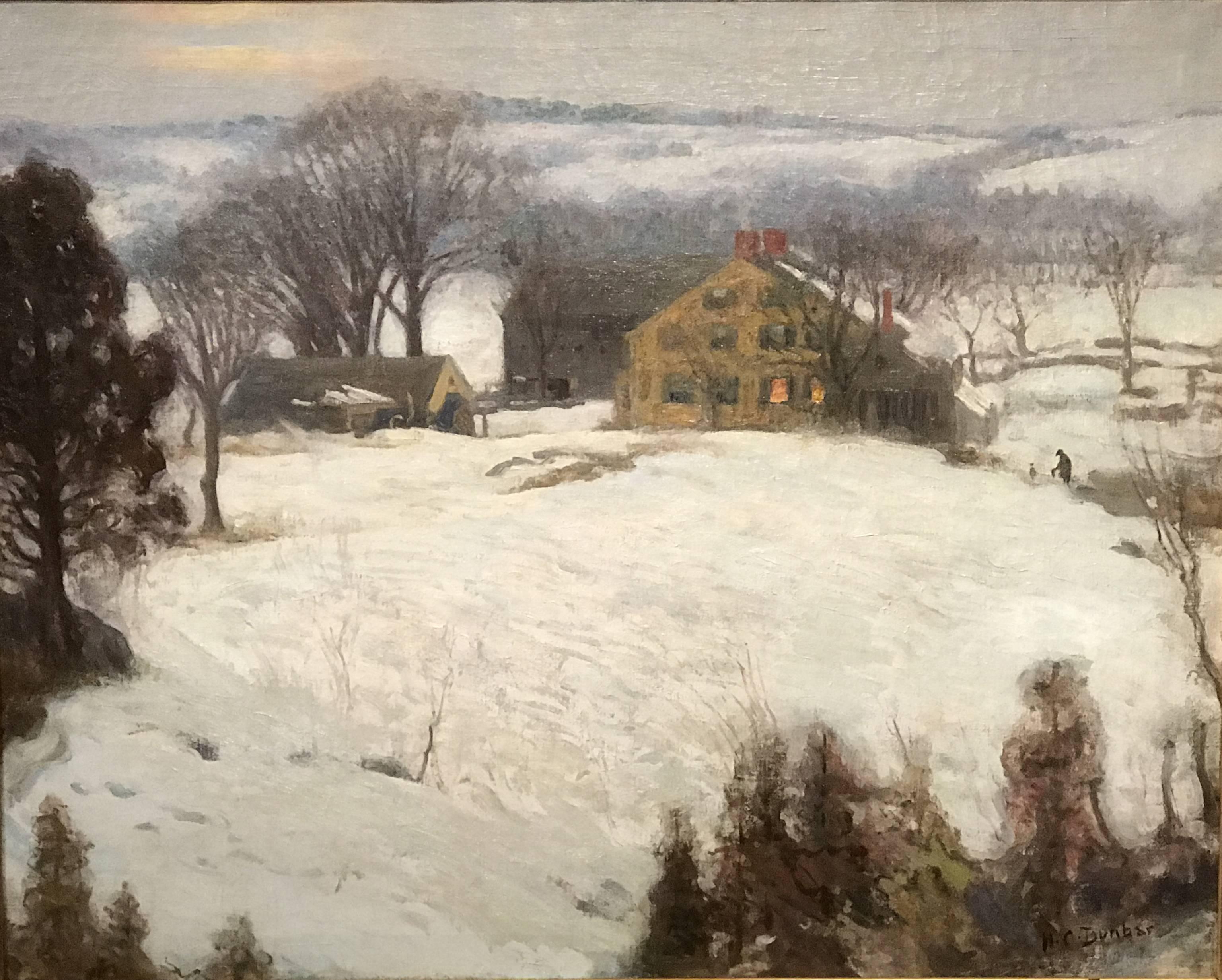 A fine winter landscape with figures done by American artist Harold C. Dunbar (1882-1953). Dunbar was born in Brockton, MA on December 8, 1882. He resided in Chatham, MA and died in 1953. His work includes portraits, landscapes, street scenes, still