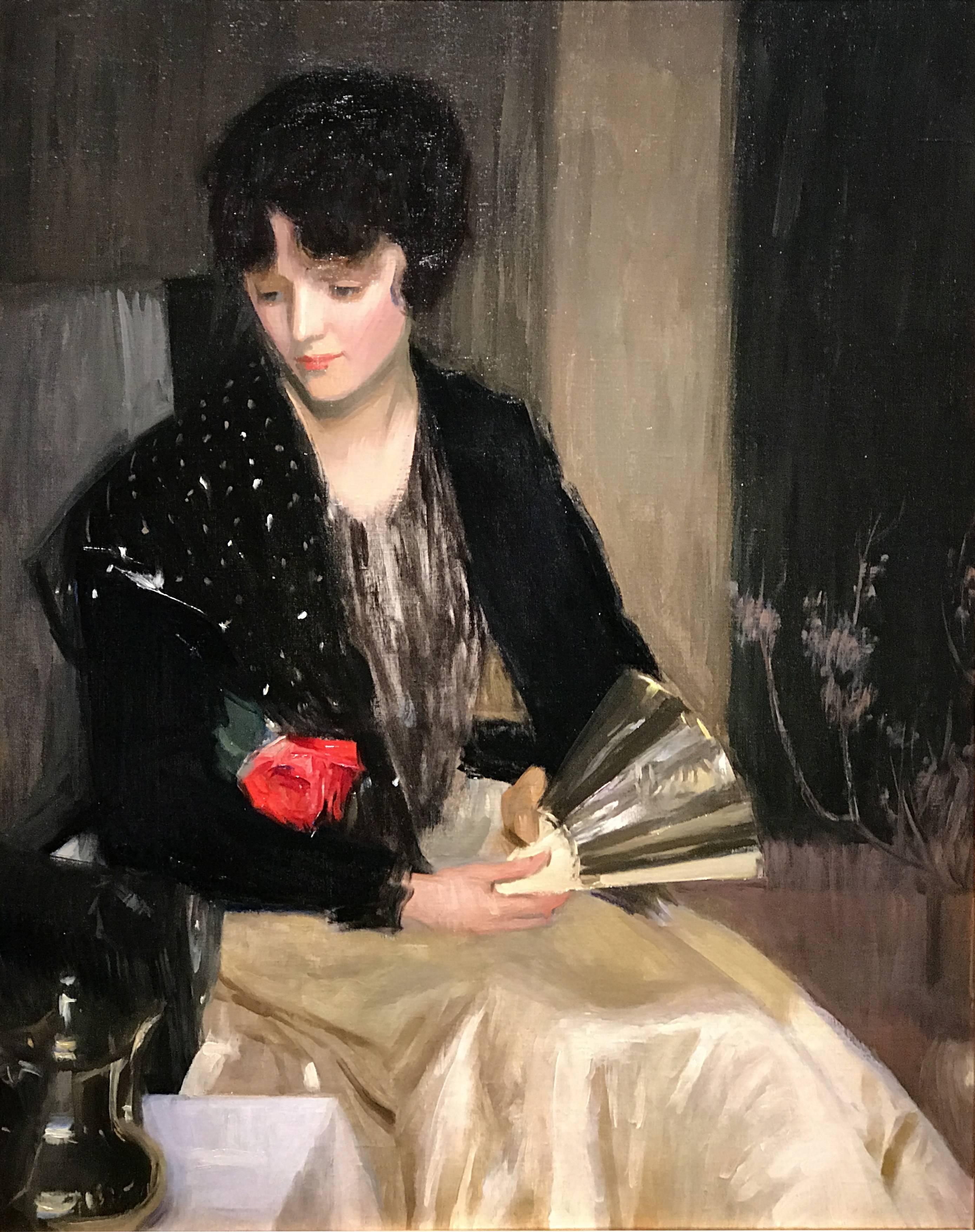 This exceptional portrait of a woman with a fan and rose was painted by American artist Louise Williams Jackson (1872-1939). Born in Newton, Massachusetts in 1872. She and her family moved to Minnesota when she was young, for several years, as her