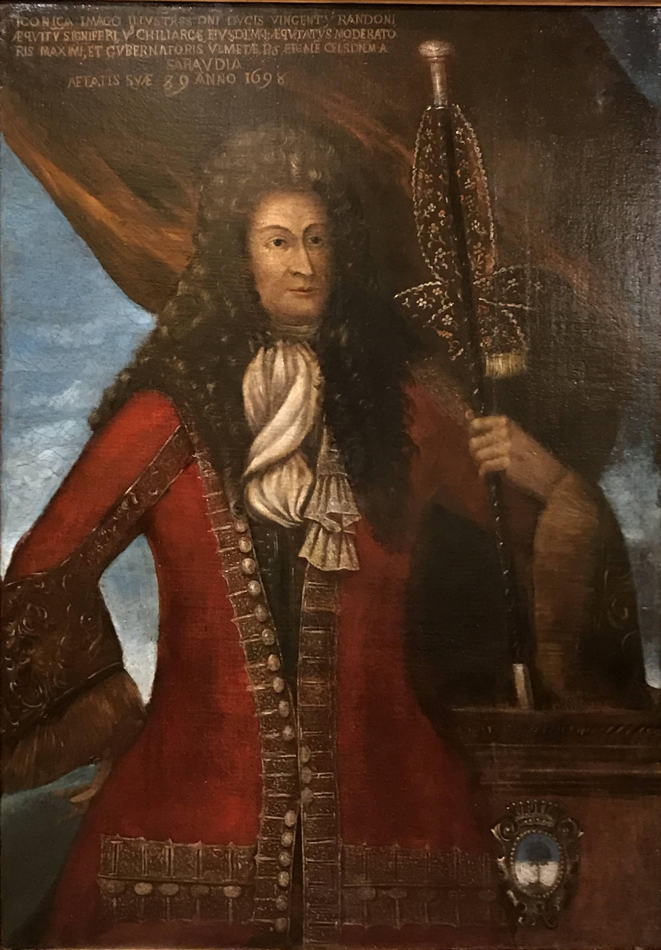 An exceptional oil portrait of Lord Vincenzo Radone, inscribed in Latin upper left and translated by Dr. Mathew Vester, a specialist in Savoyard history as follows “A lifelike image of Vincenzo Radone, the equestrian standard bearer of the Duke, the