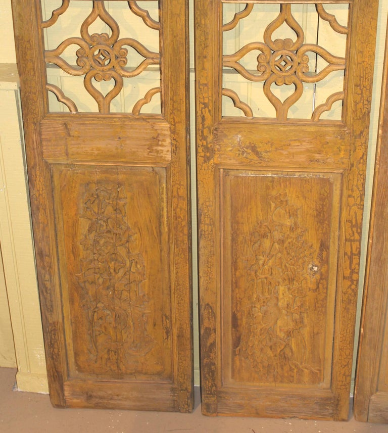 Antique Chinese Painted Four Panel Screen Or Doors, Four Lucky Keys Hand-Carved Antique Chinese Painted Four Panel Screen or Doors, Four Lucky Keys, - Antique Chinese Painted Four Panel Screen Or Doors, Four Lucky Keys