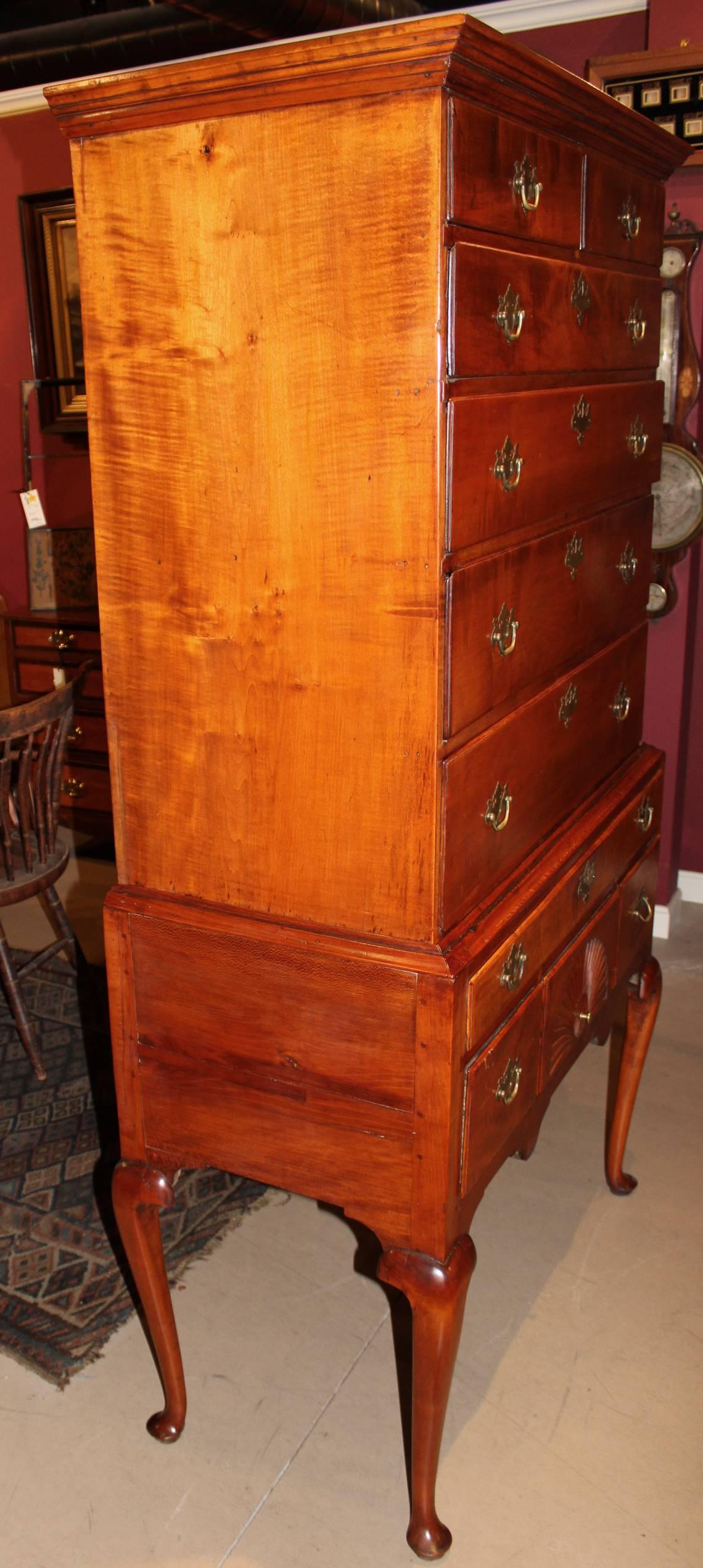 Carved Tiger Maple Highboy or High Chest Attributed to Moses Hazen, circa 1785-1805