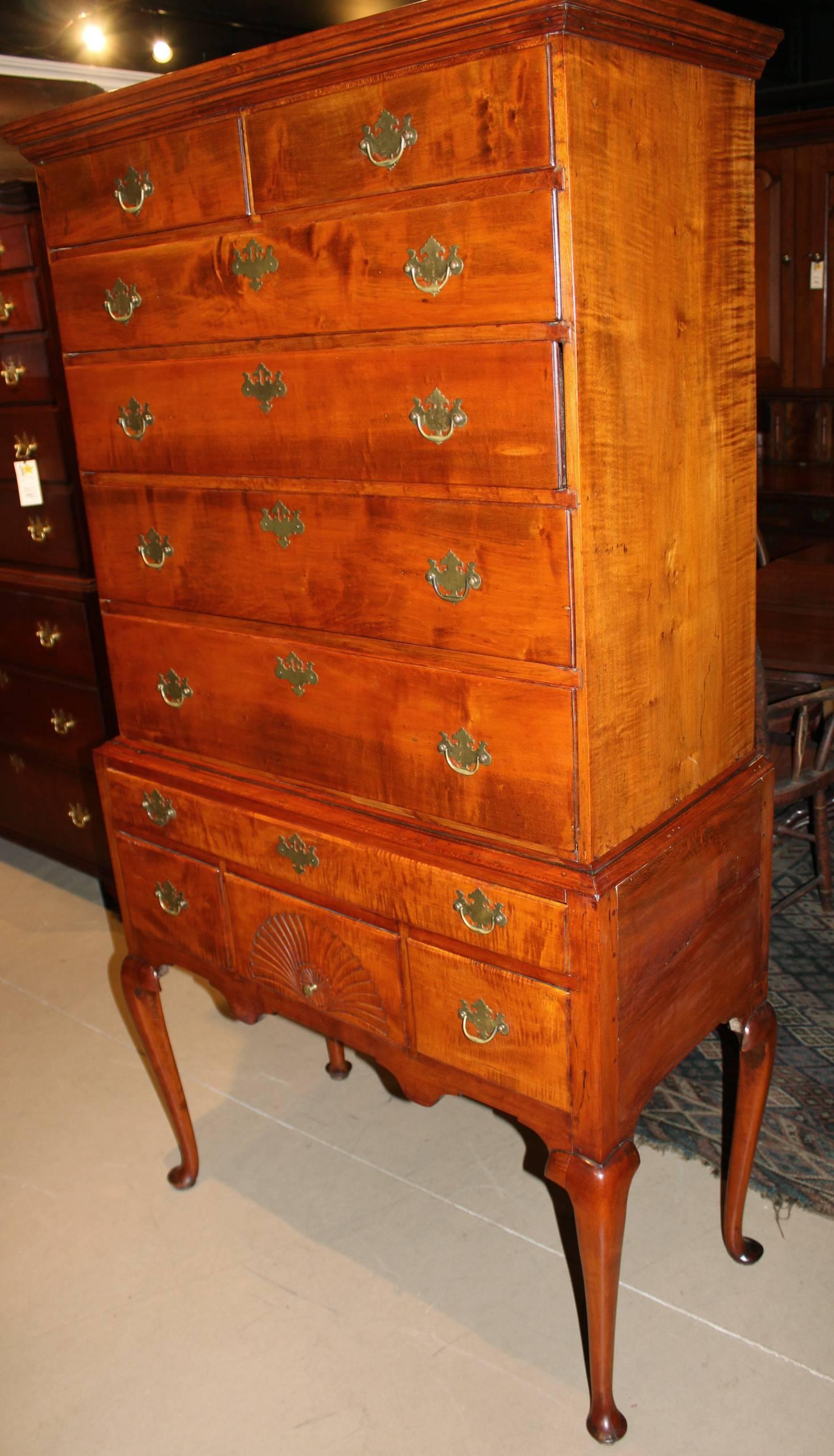 American Tiger Maple Highboy or High Chest Attributed to Moses Hazen, circa 1785-1805