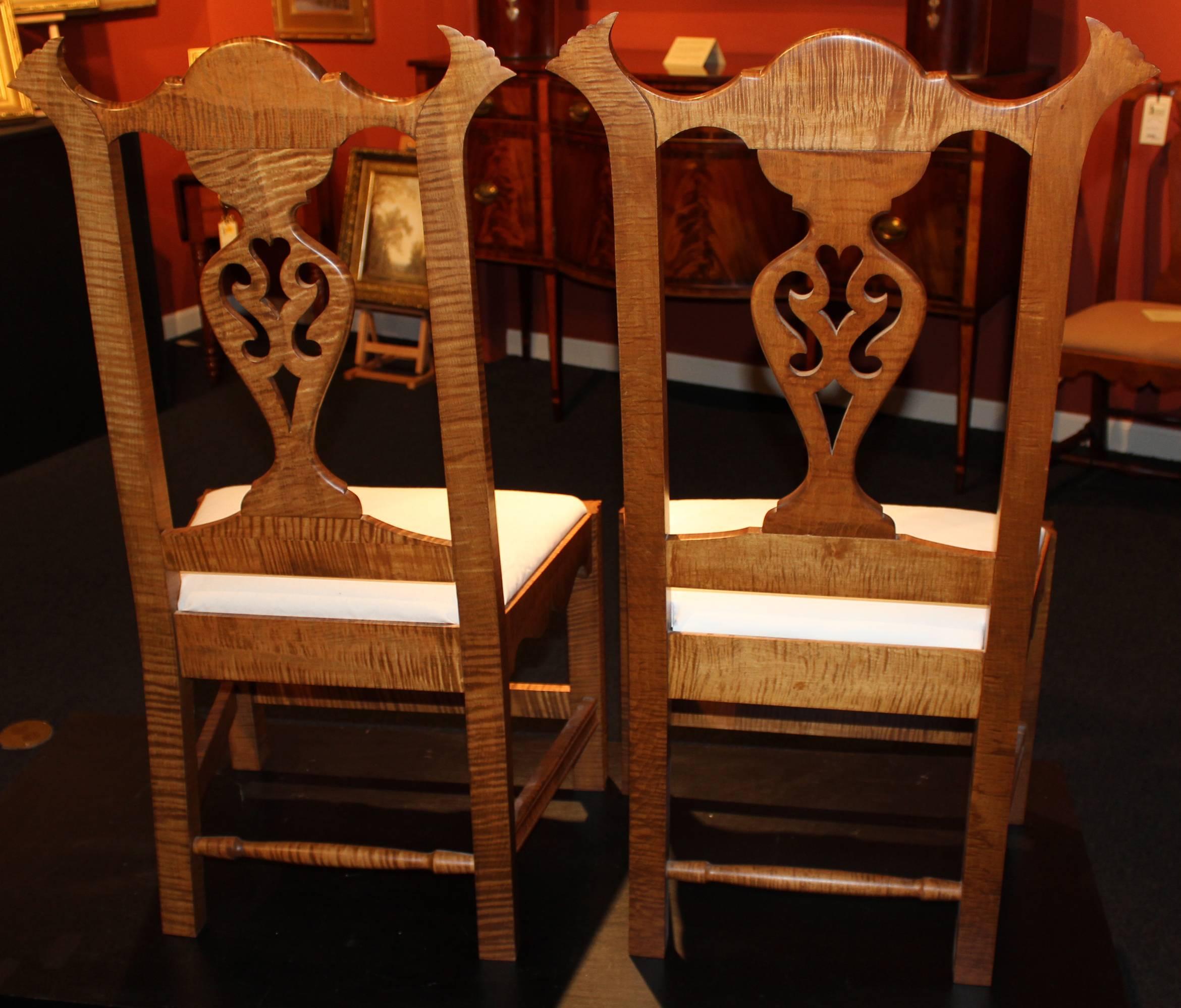 American Pair of Exceptional Donald Dunlap Tiger Maple Carved Side Chairs
