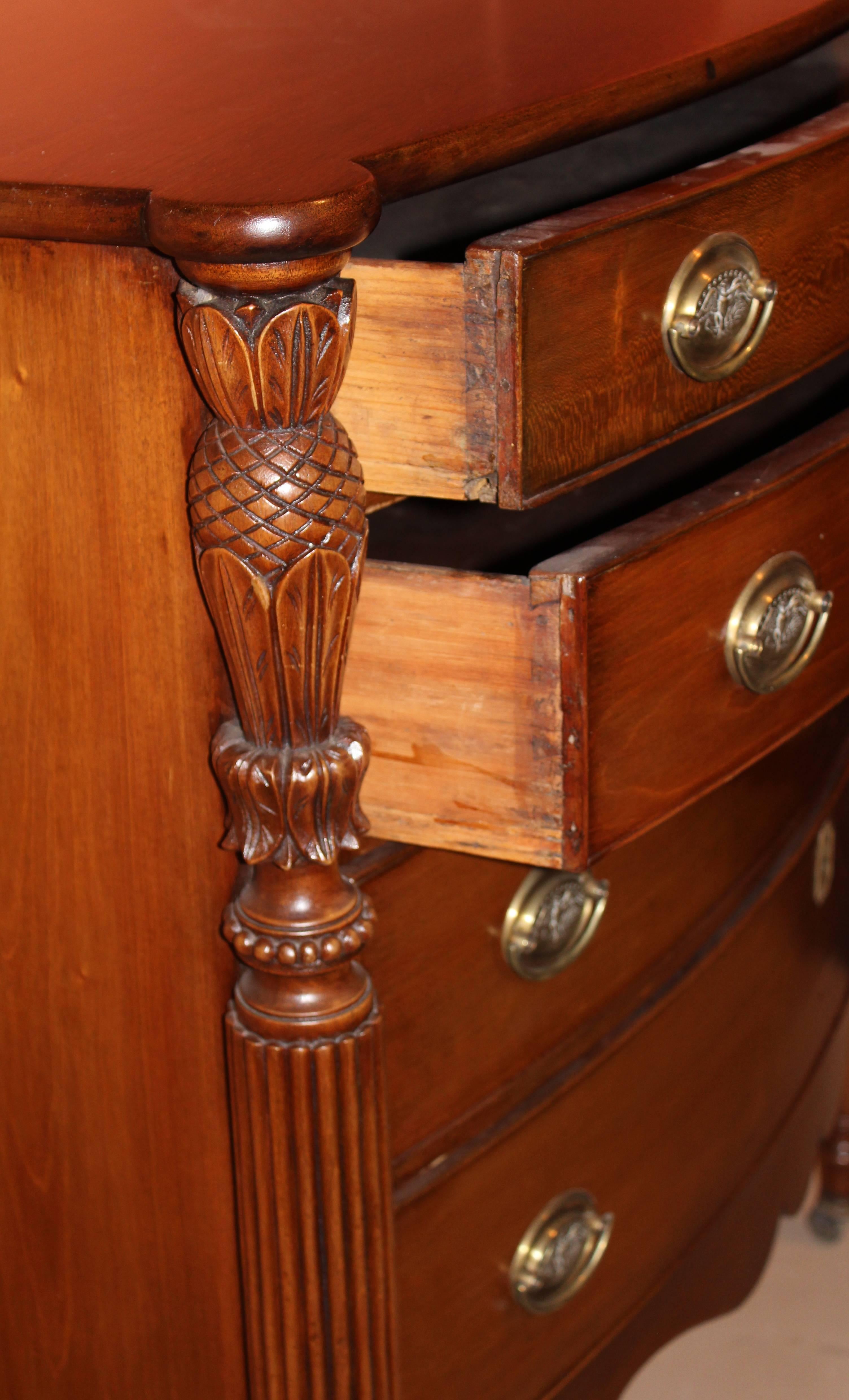 American 19th c Mahogany Bow Front Sheraton Chest of Drawers, North Shore MA