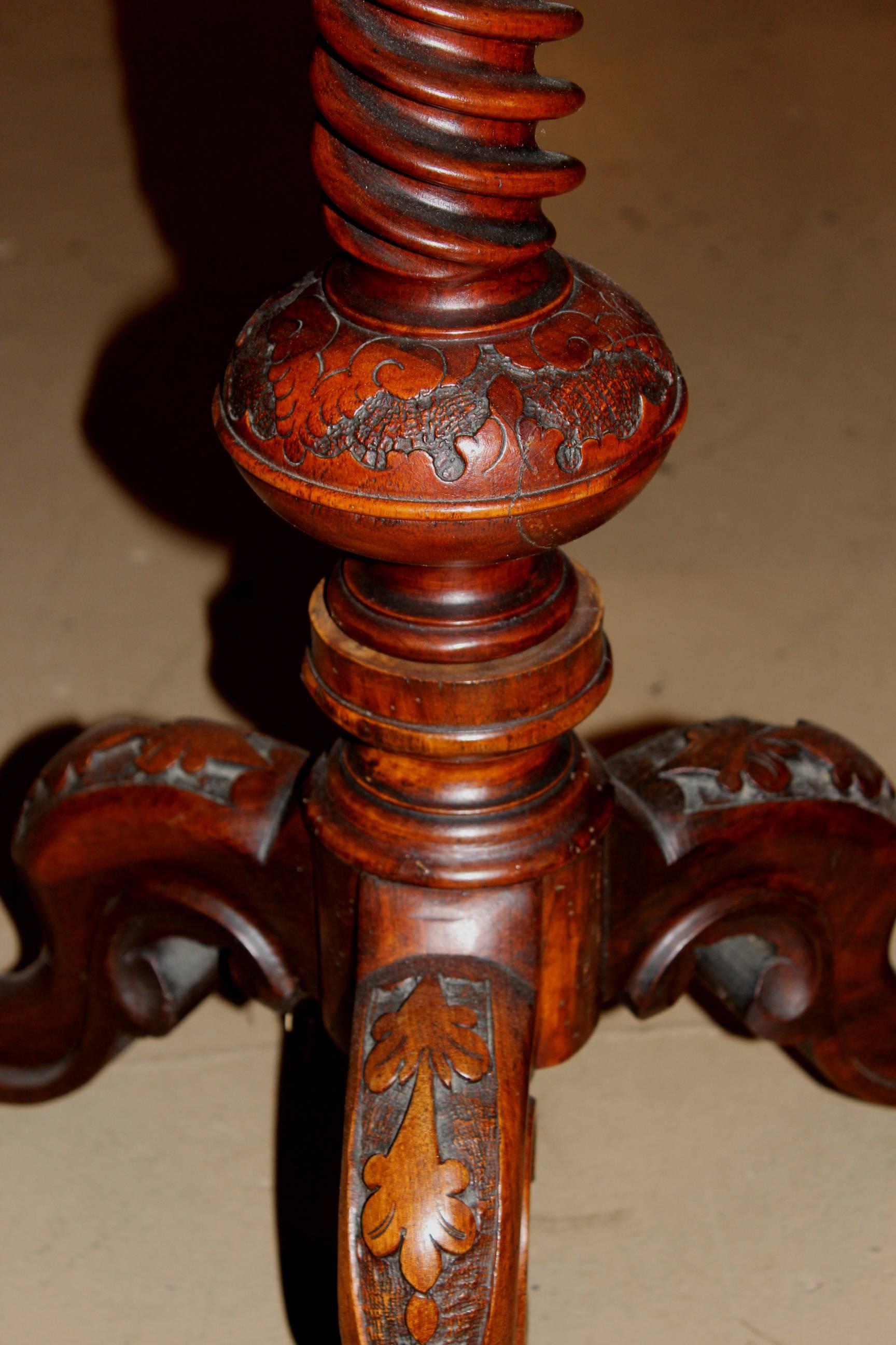 Burl Carved and Inlaid Candle Stand with Marquetry, circa 1860