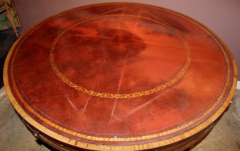 Large English Regency Rosewood Leather, Leather Top Drum Table