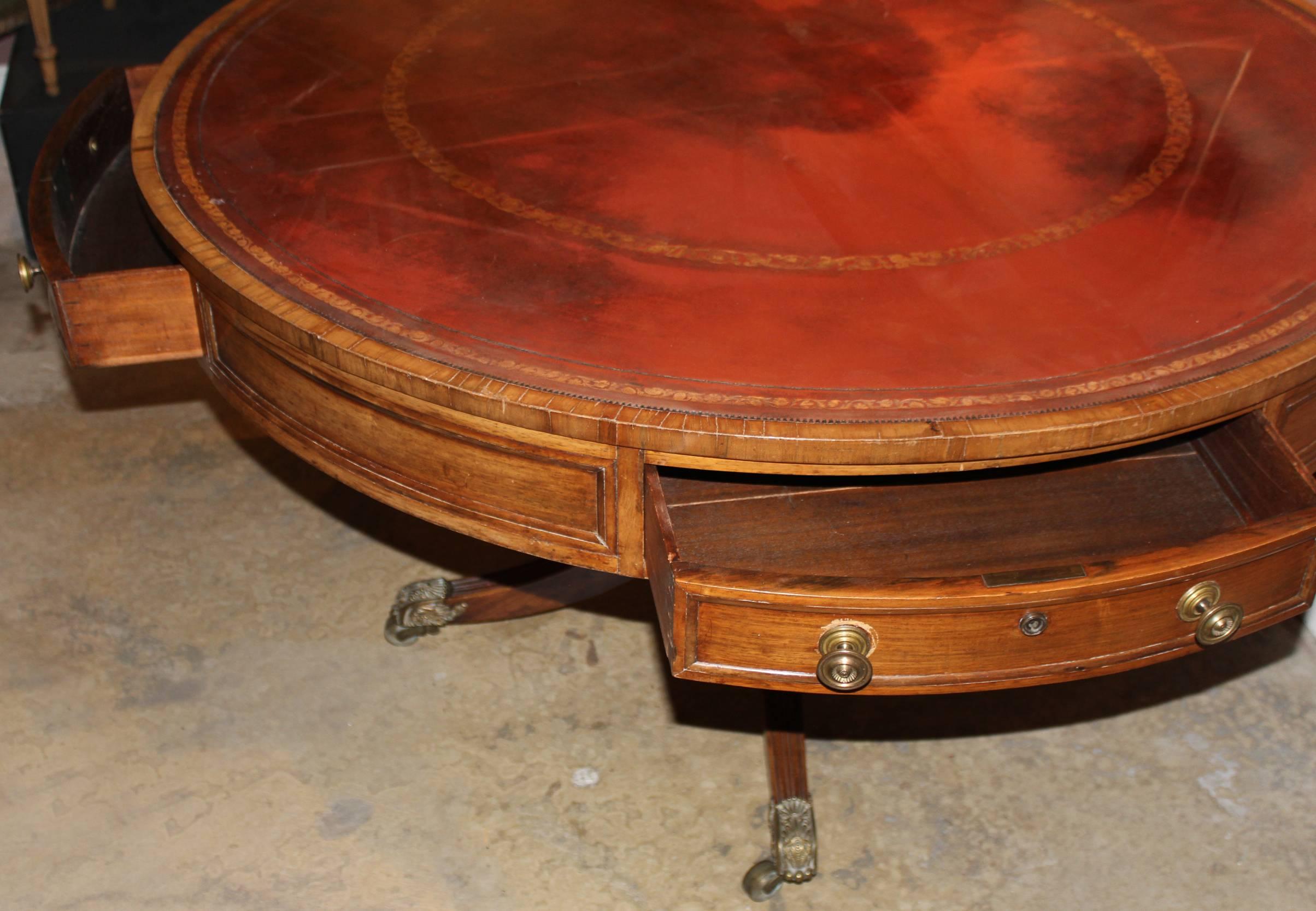 Large English Regency Rosewood Leather Top Drum Table, circa 1820 In Excellent Condition In Milford, NH