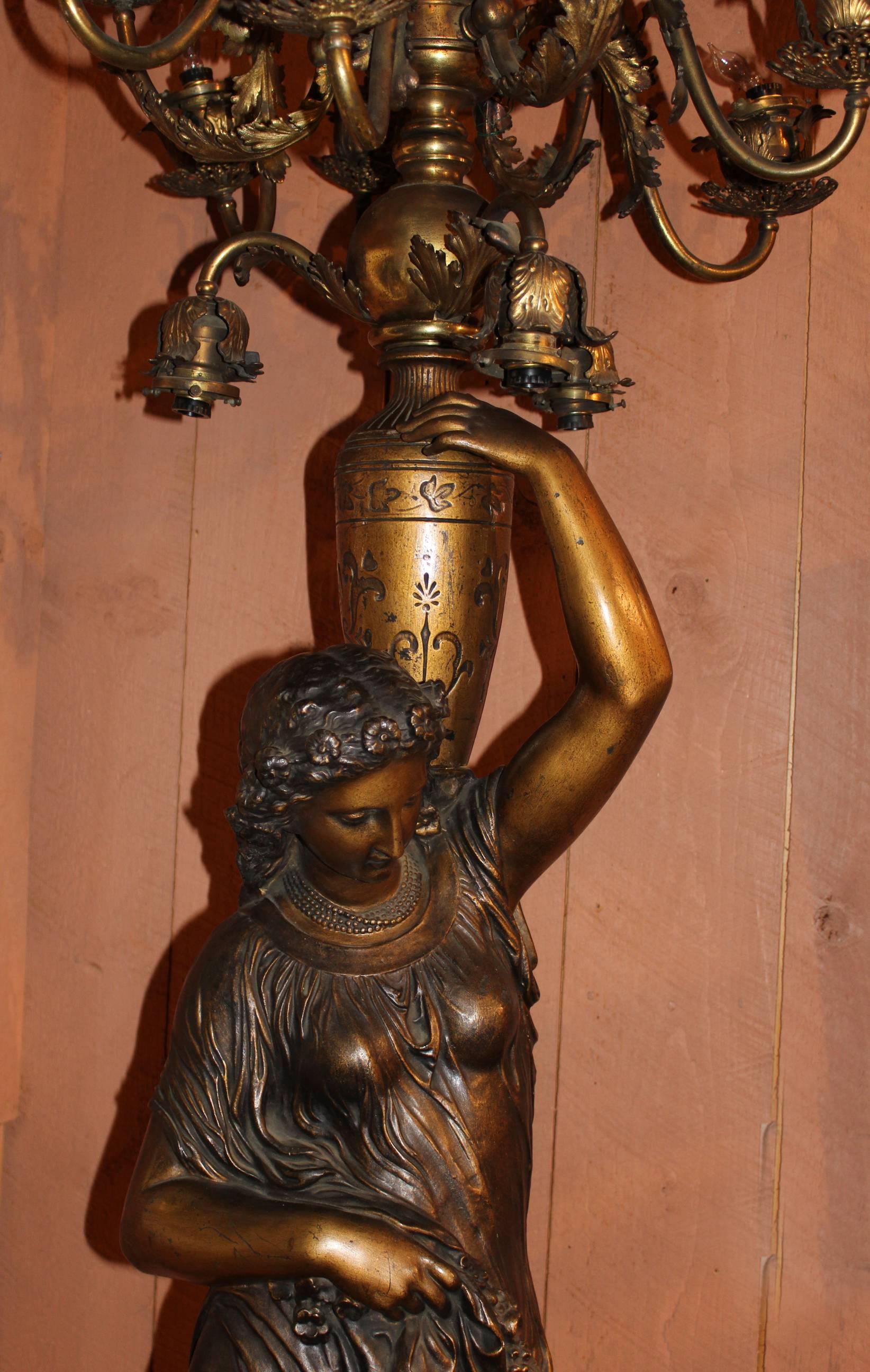 Magnificent 19th Century French, Bronze Figural Maiden Floor Candelabra In Good Condition In Milford, NH