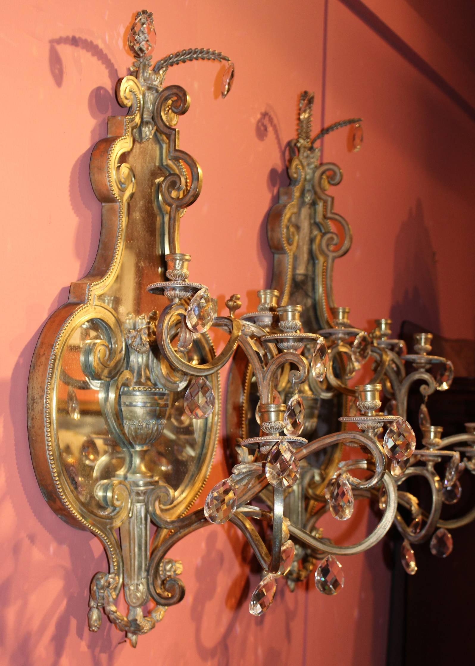 Rococo Pair of Gilt Bronze Mirrored Sconces, Probably, Italian For Sale