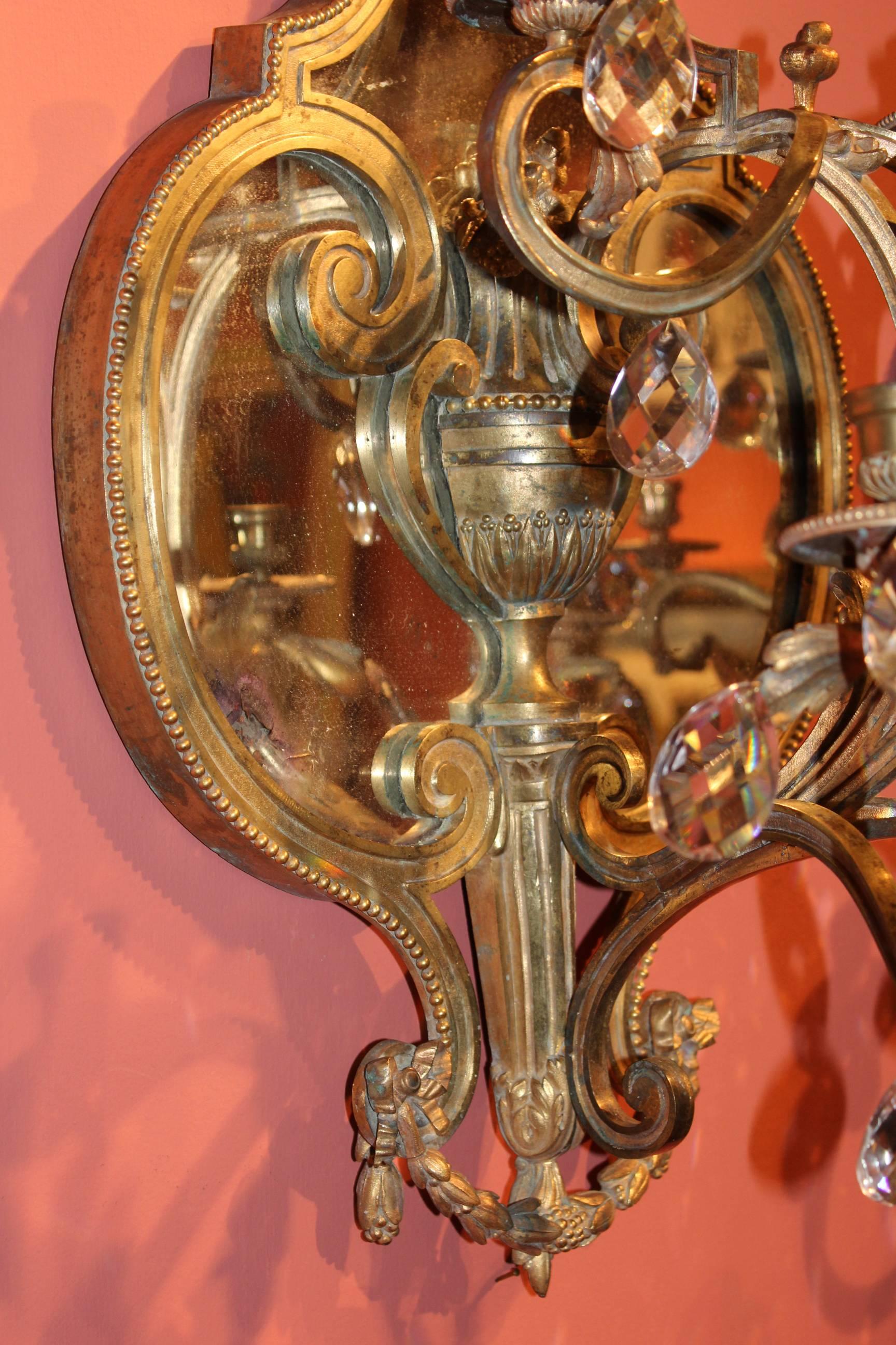 Pair of Gilt Bronze Mirrored Sconces, Probably, Italian In Good Condition For Sale In Milford, NH