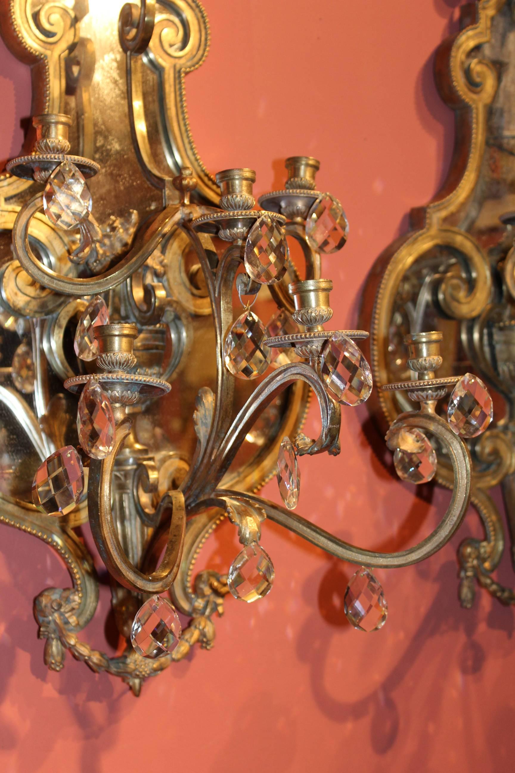 European Pair of Gilt Bronze Mirrored Sconces, Probably, Italian For Sale