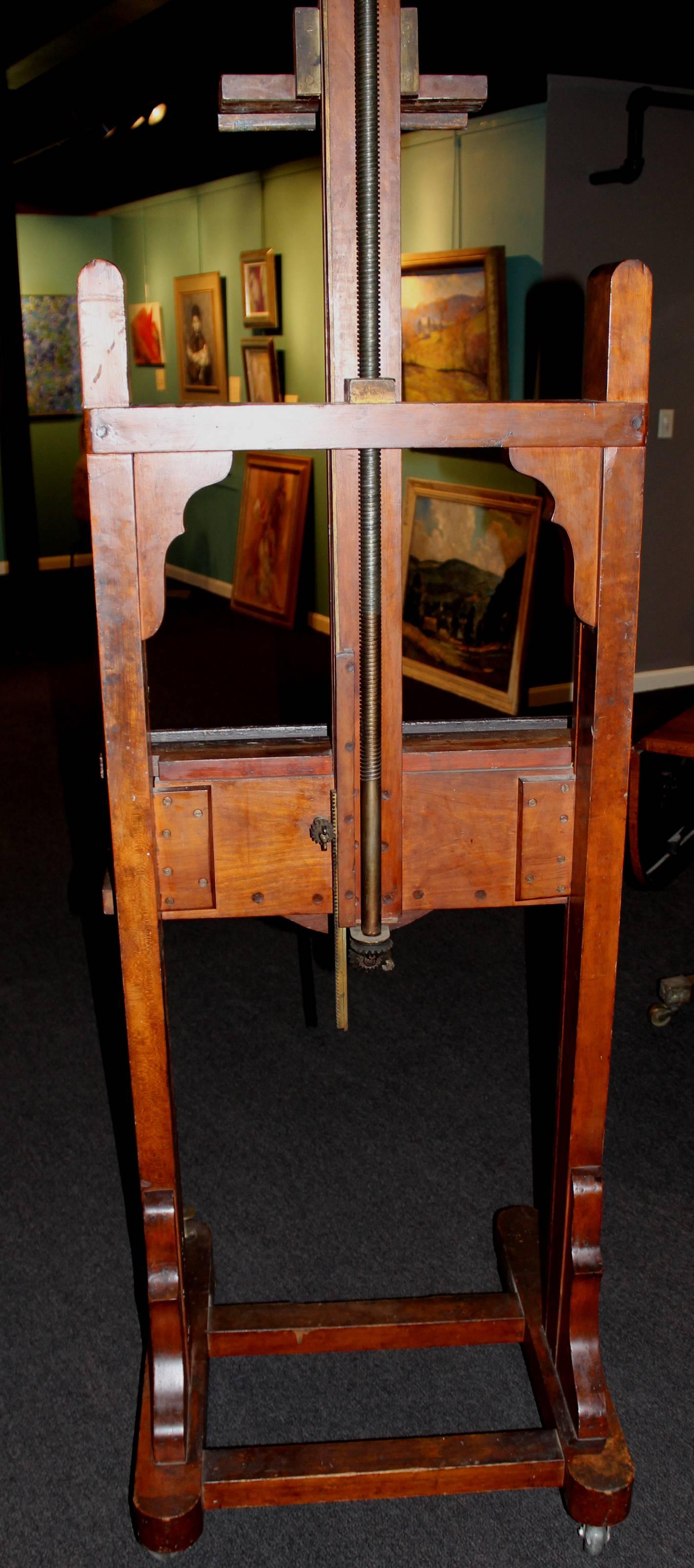 A wooden artist’s easel owned and used by American artist William McGregor Paxton (1869-1941). Paxton was one of the most influential of the Boston School painters and his studio was located at the Fenway Studios in Boston. His finely crafted easel