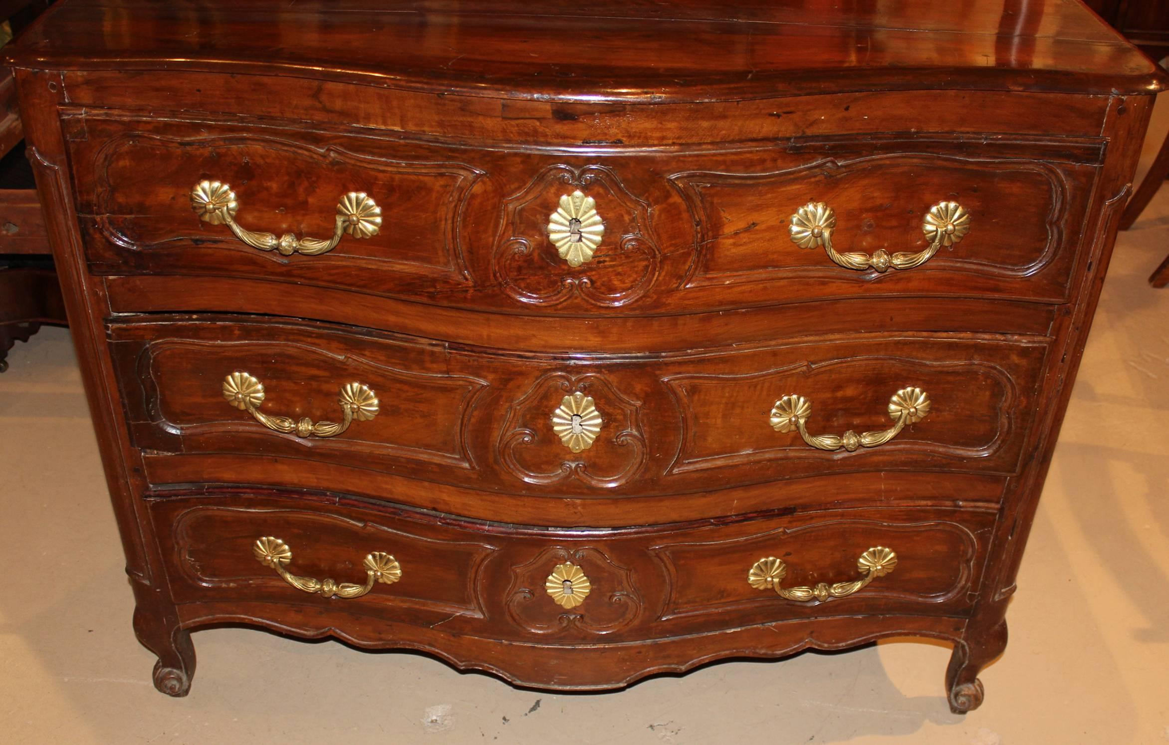 Carved 18th Century Fruitwood French Three-Drawer Commode For Sale