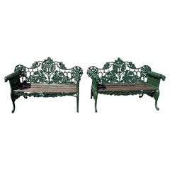 Pair of 19th c Cast Iron & Wood Benches with Oak Leaf Motif & Dog Head Handles