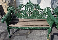 Pair of 19th c Cast Iron & Wood Benches with Oak Leaf Motif & Dog Head Handles