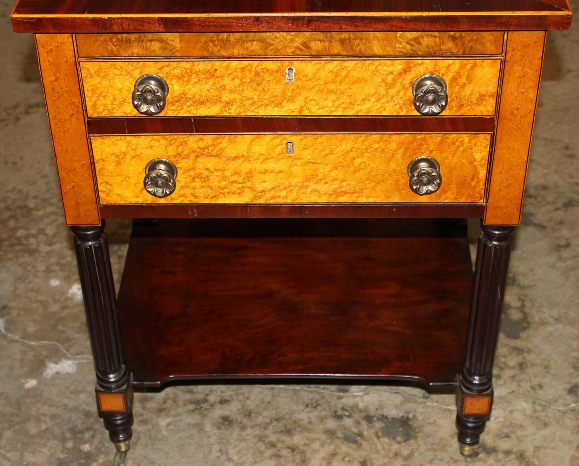 American Two-Drawer Sheraton Side Table or Work Stand with Extensive Inlay, circa 1820