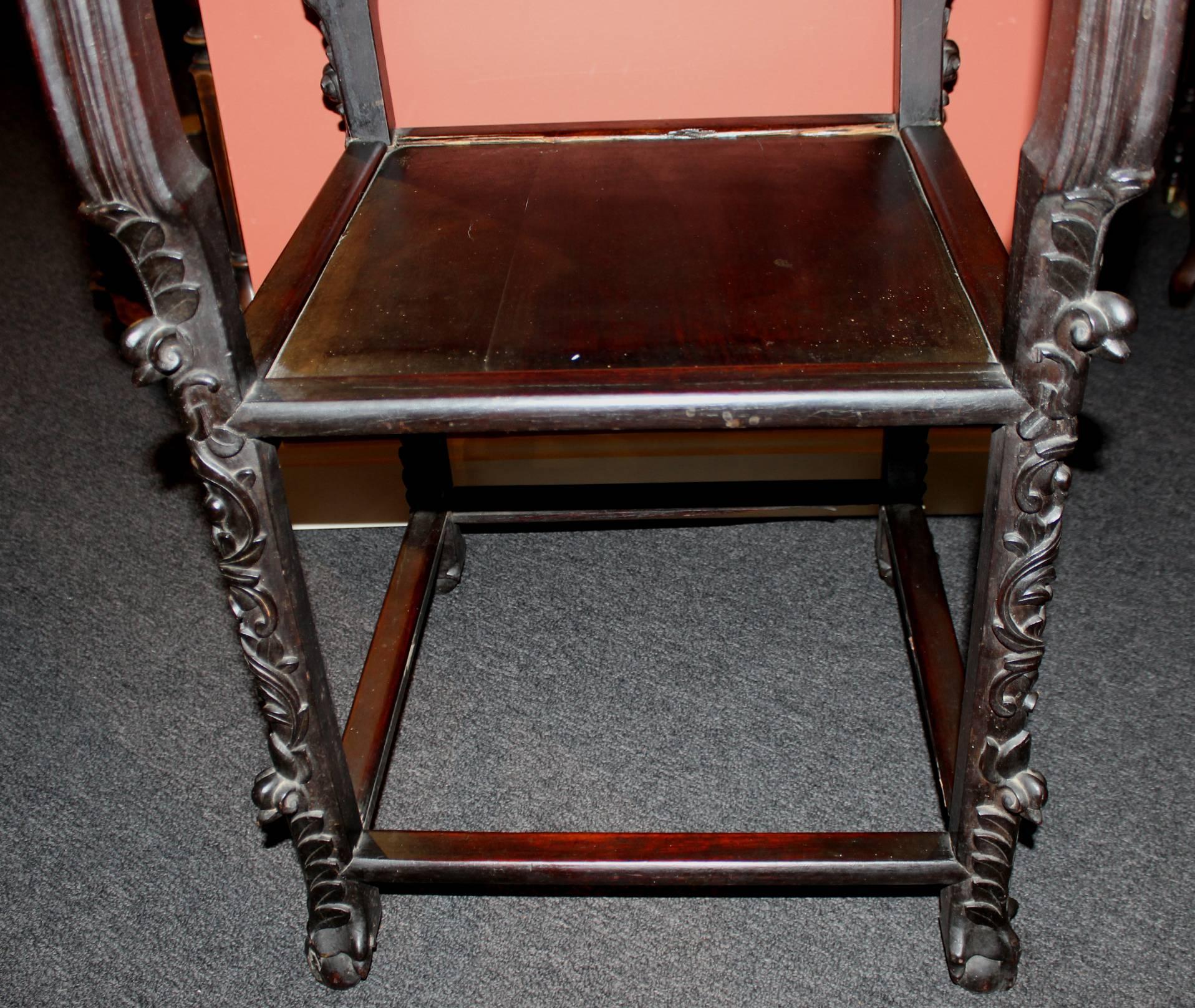 19th Century Chinese Square Marble Top Two-Tier Carved Rosewood Stand In Good Condition In Milford, NH