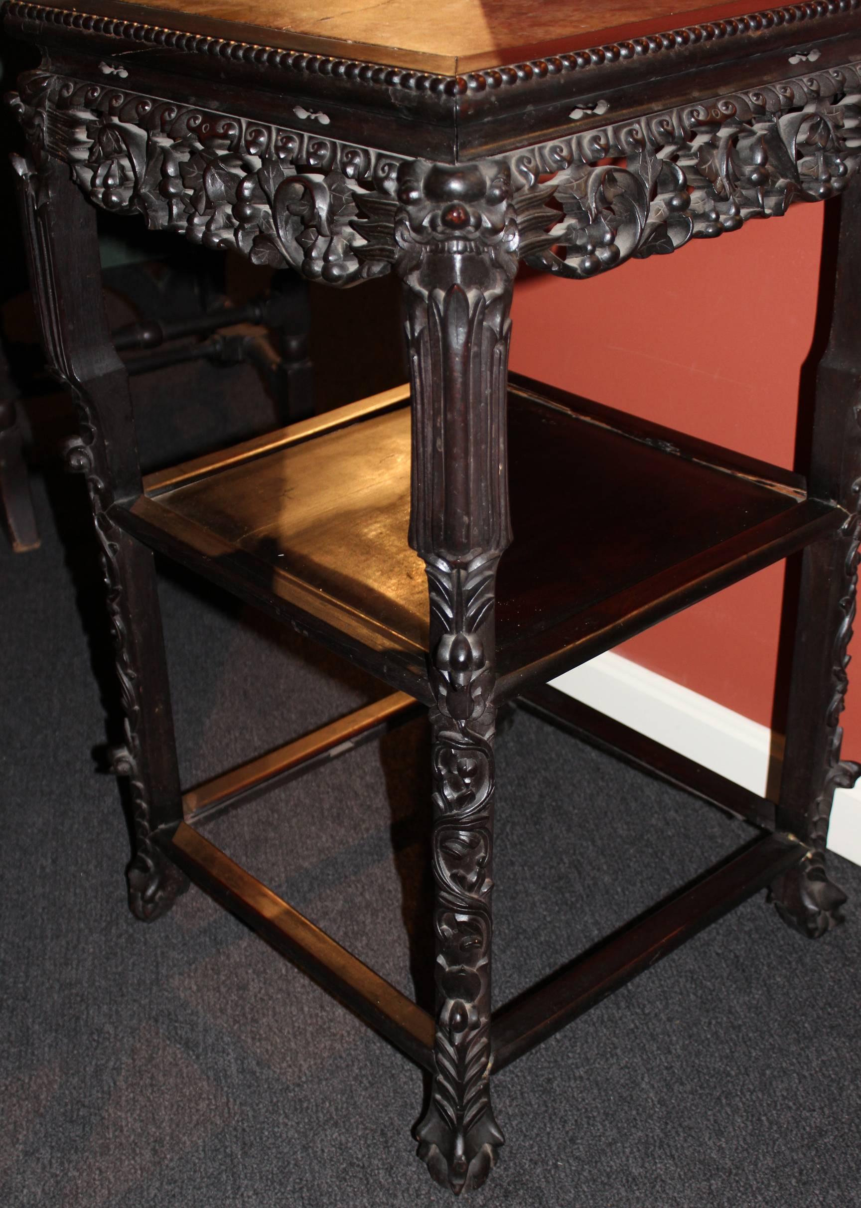 19th Century Chinese Square Marble Top Two-Tier Carved Rosewood Stand 1