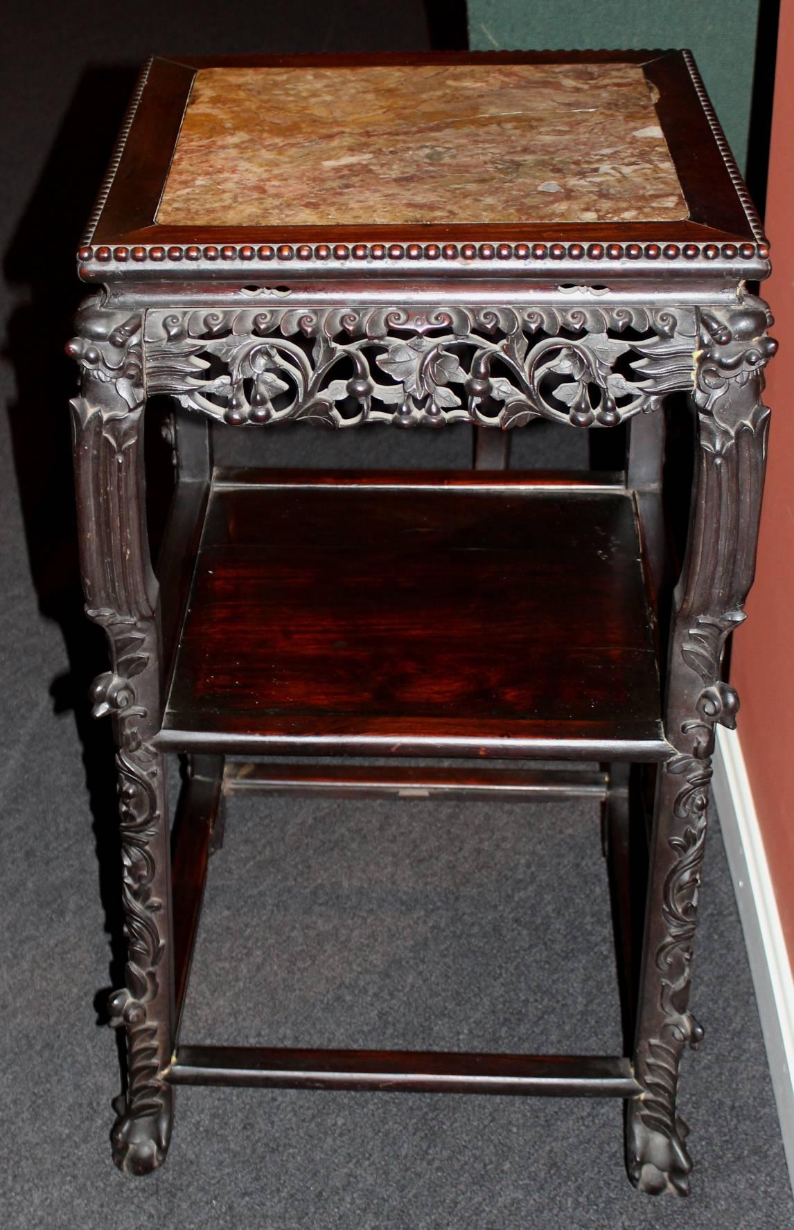 19th Century Chinese Square Marble Top Two-Tier Carved Rosewood Stand 2