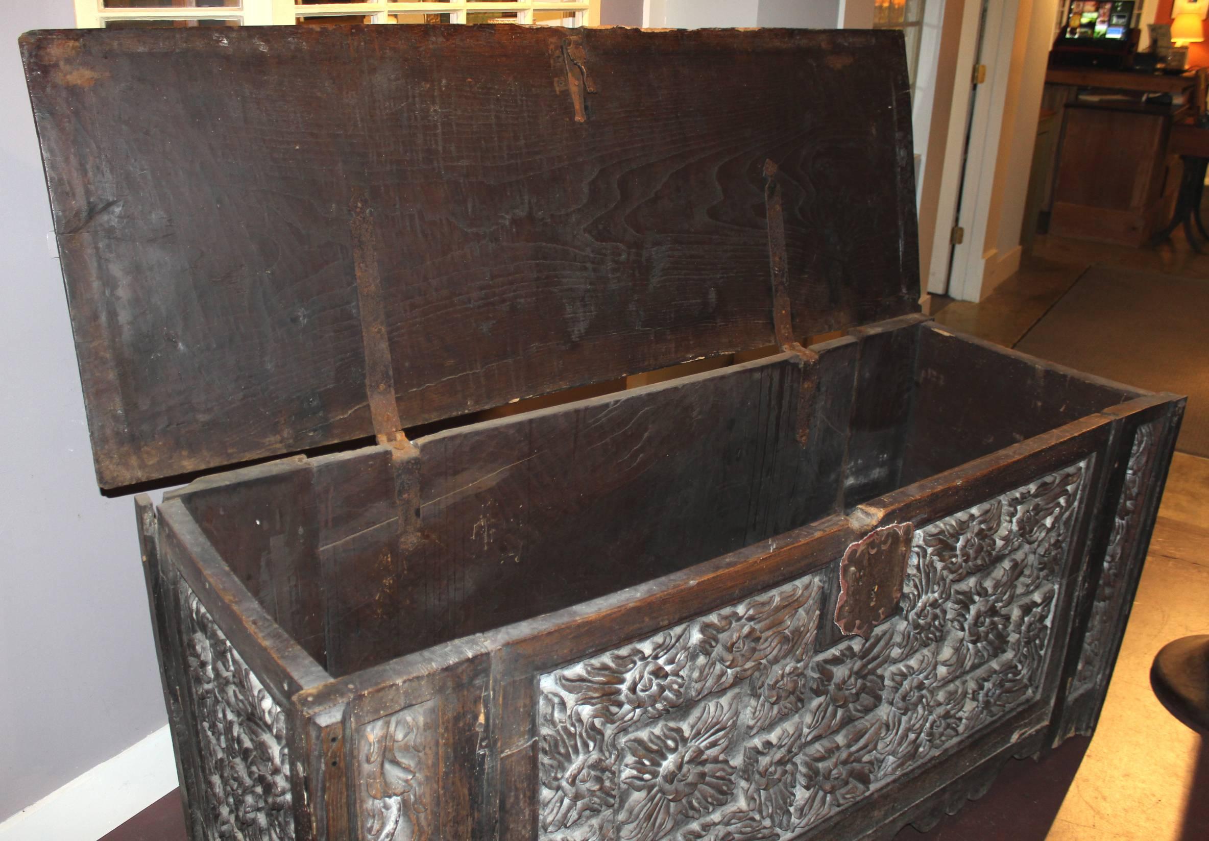 Iron 17th Century French Oak Carved Coffer from the Bullitt Estate