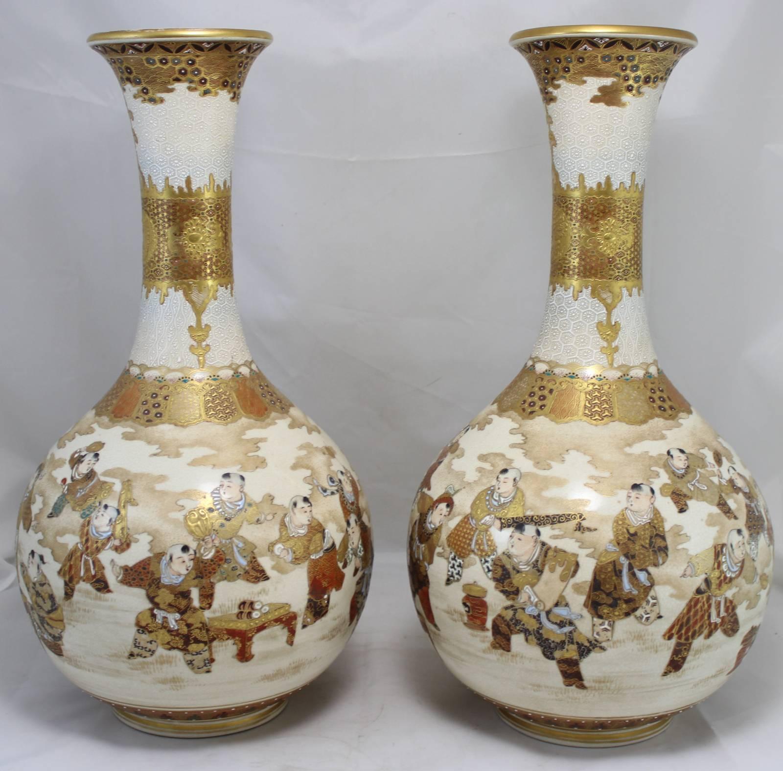 Meiji Pair of Late 19th Century Japanese Satsuma Vases with Figural Decoration