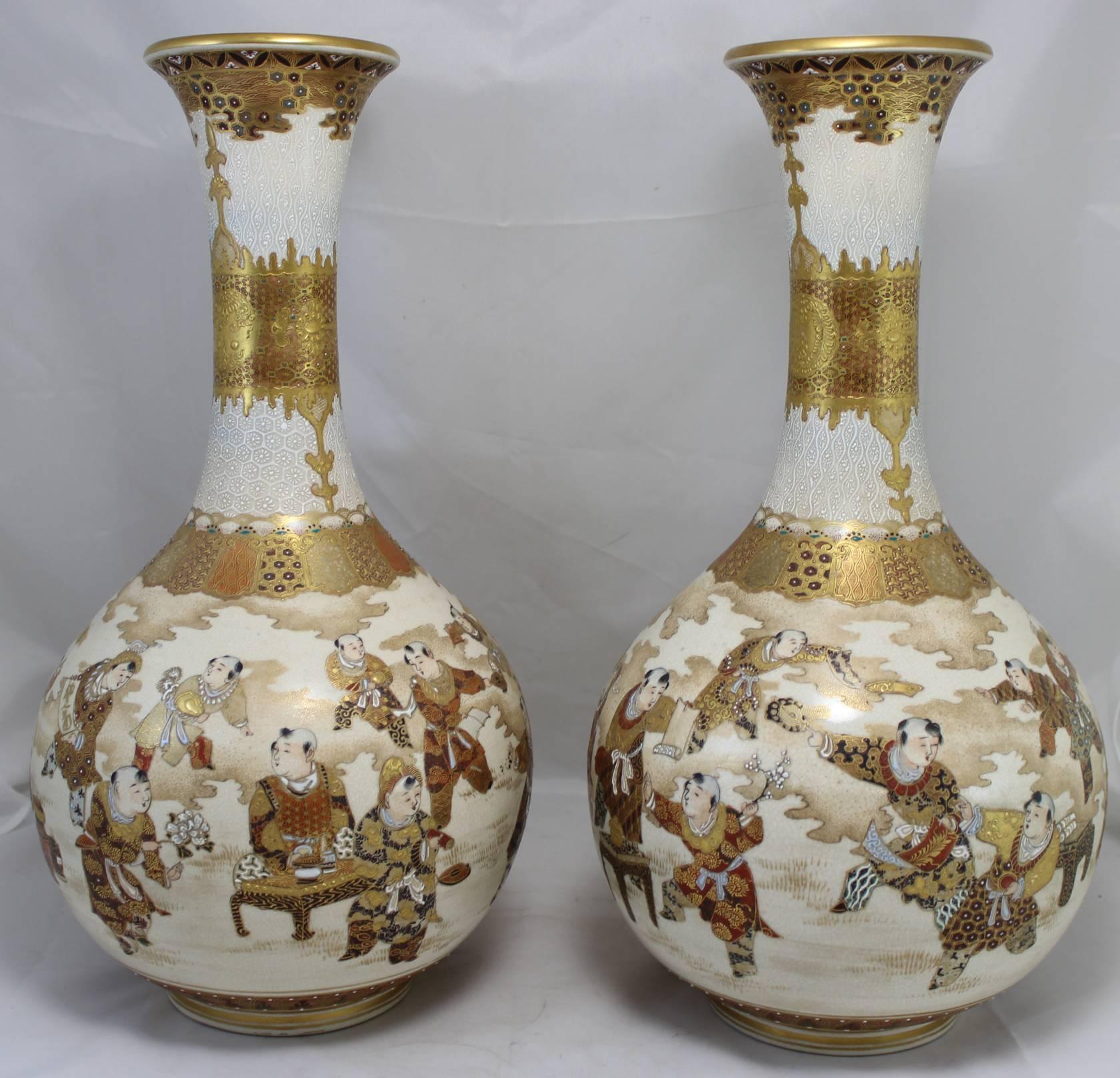Enameled Pair of Late 19th Century Japanese Satsuma Vases with Figural Decoration