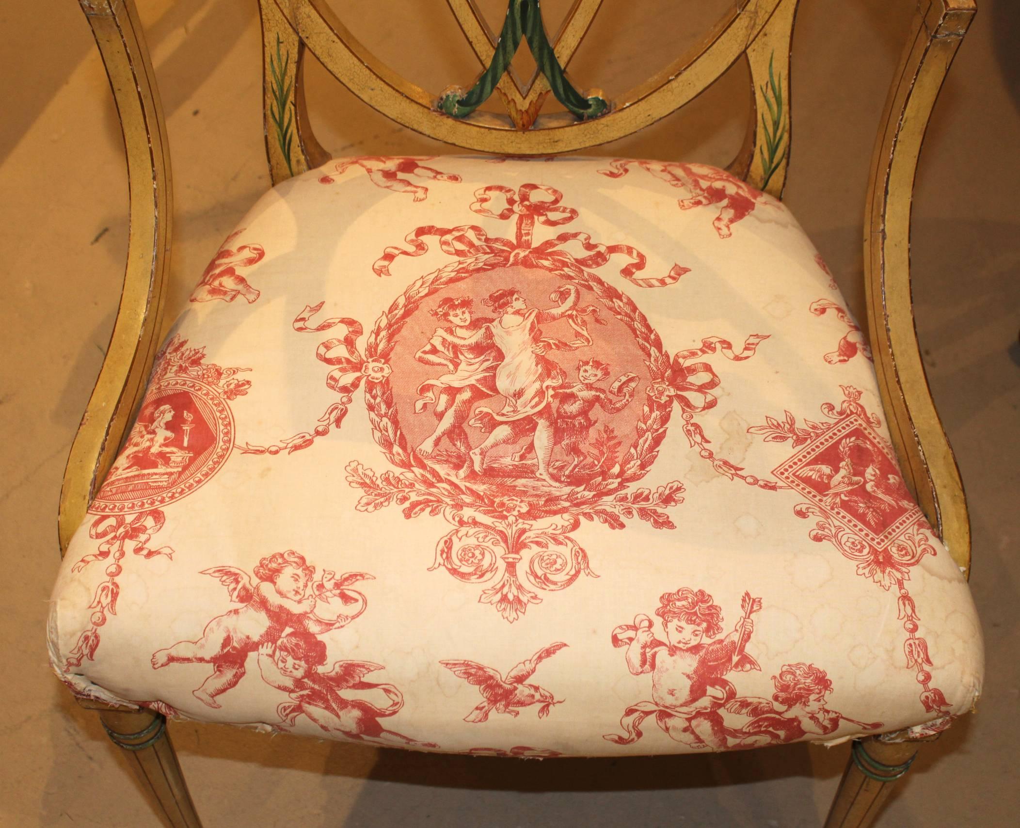 Painted Pair of English Adam Style Polychrome Upholstered Armchairs