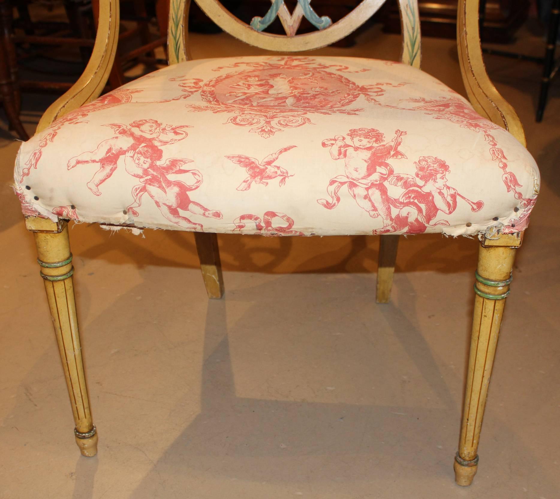 Pair of English Adam Style Polychrome Upholstered Armchairs In Good Condition In Milford, NH