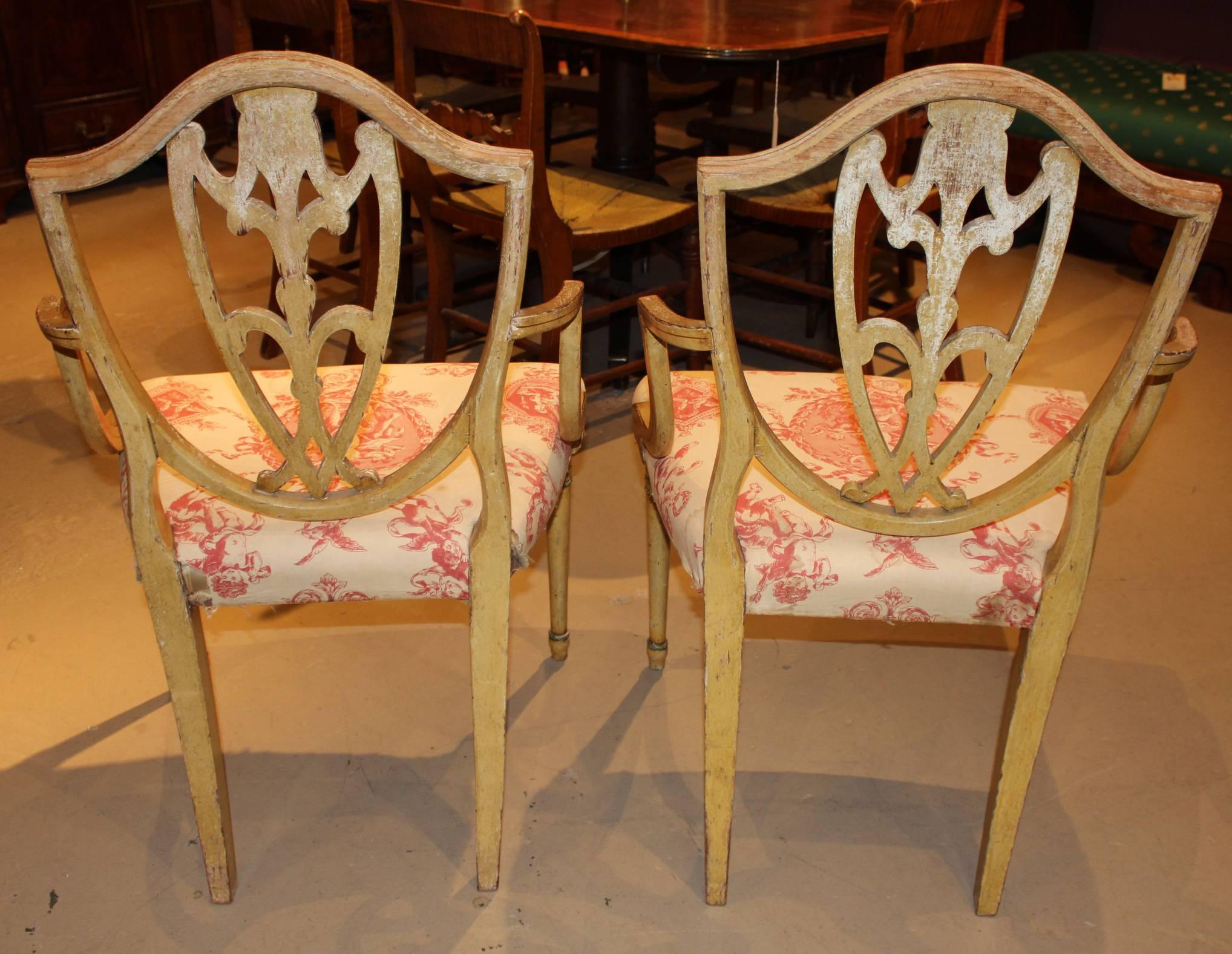 20th Century Pair of English Adam Style Polychrome Upholstered Armchairs