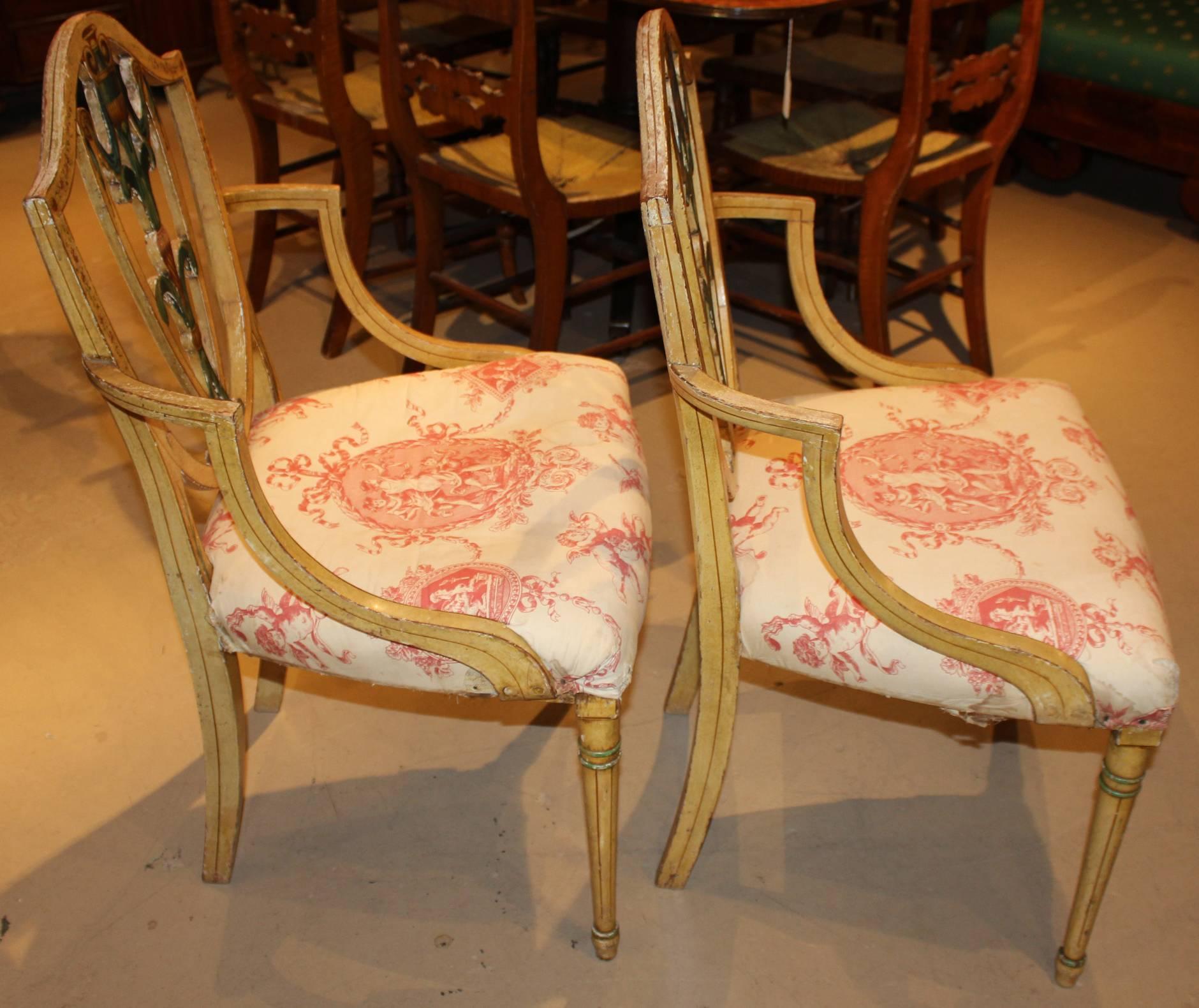 Wood Pair of English Adam Style Polychrome Upholstered Armchairs